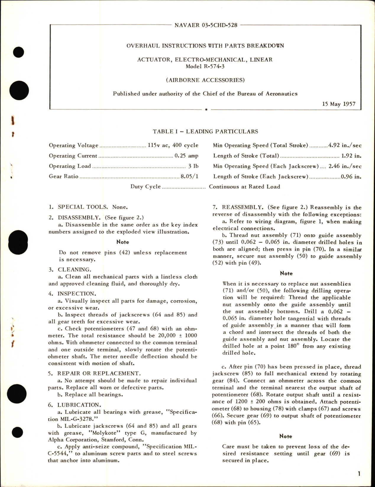 Sample page 1 from AirCorps Library document: Overhaul Instructions with Parts Breakdown for Actuator, Electro-Mechanical, Linear Model R-574-3