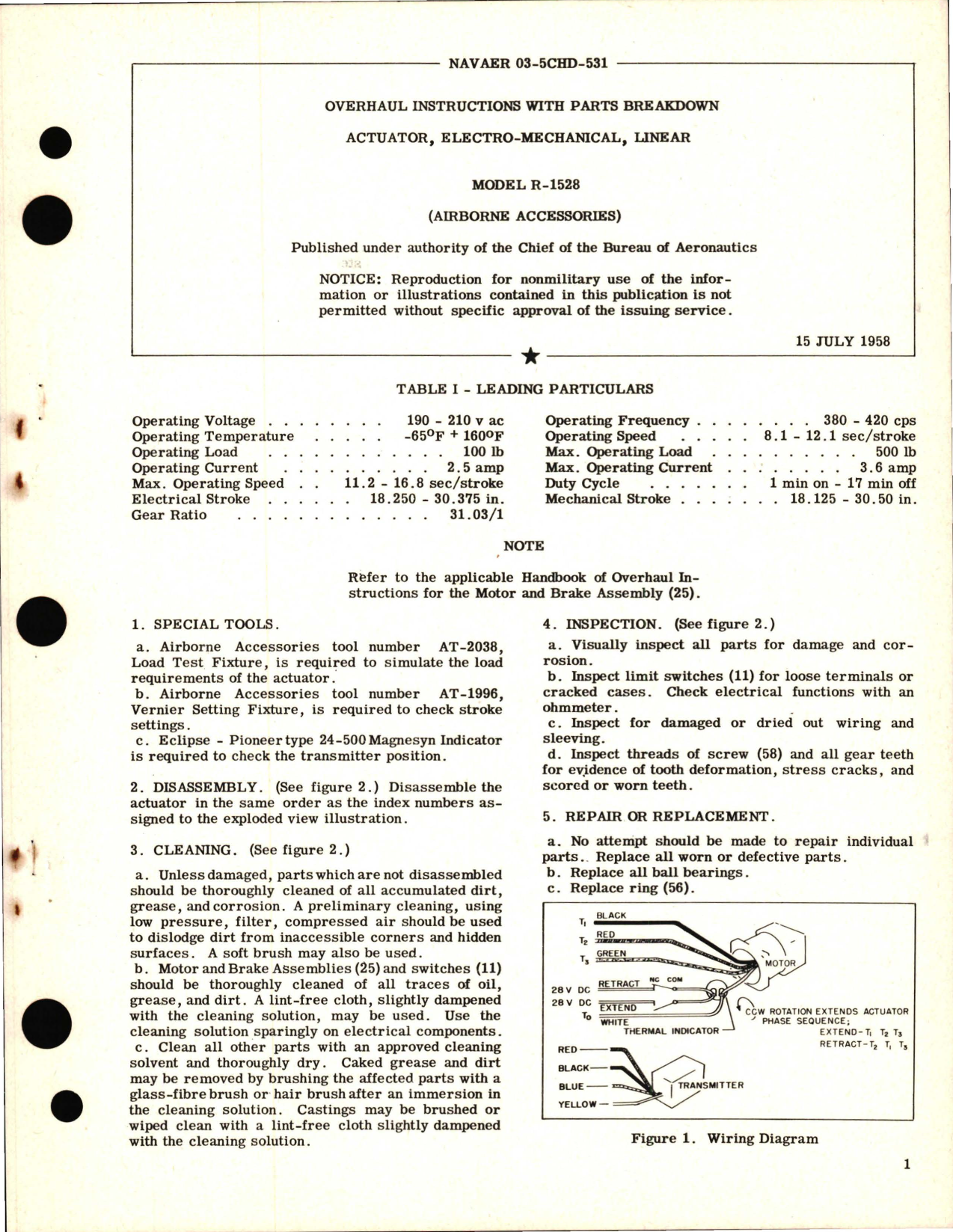 Sample page 1 from AirCorps Library document: Overhaul Instructions with Parts Breakdown for Actuator, Electro-Mechanical, Linear Model R-1528