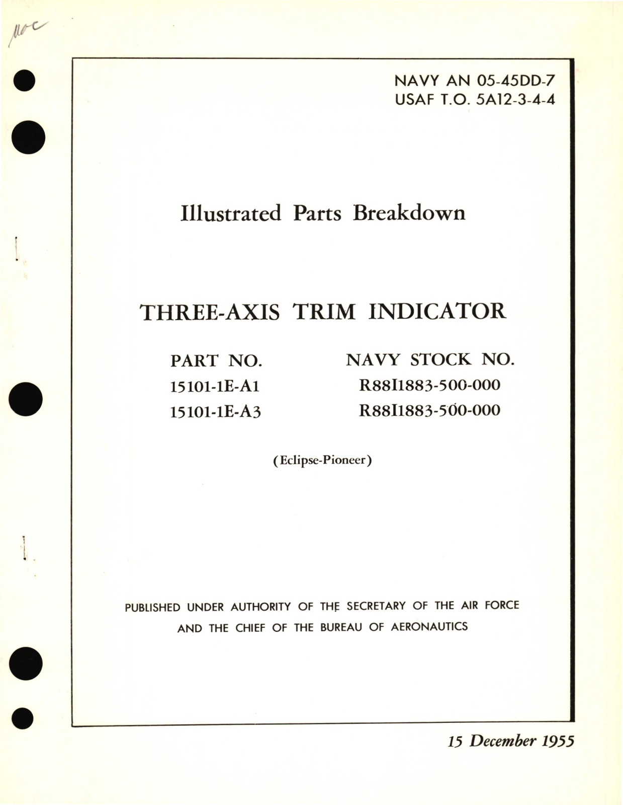 Sample page 1 from AirCorps Library document: Illustrated Parts Breakdown for Three-Axis Trim Indicator Part No. 150101-1E 