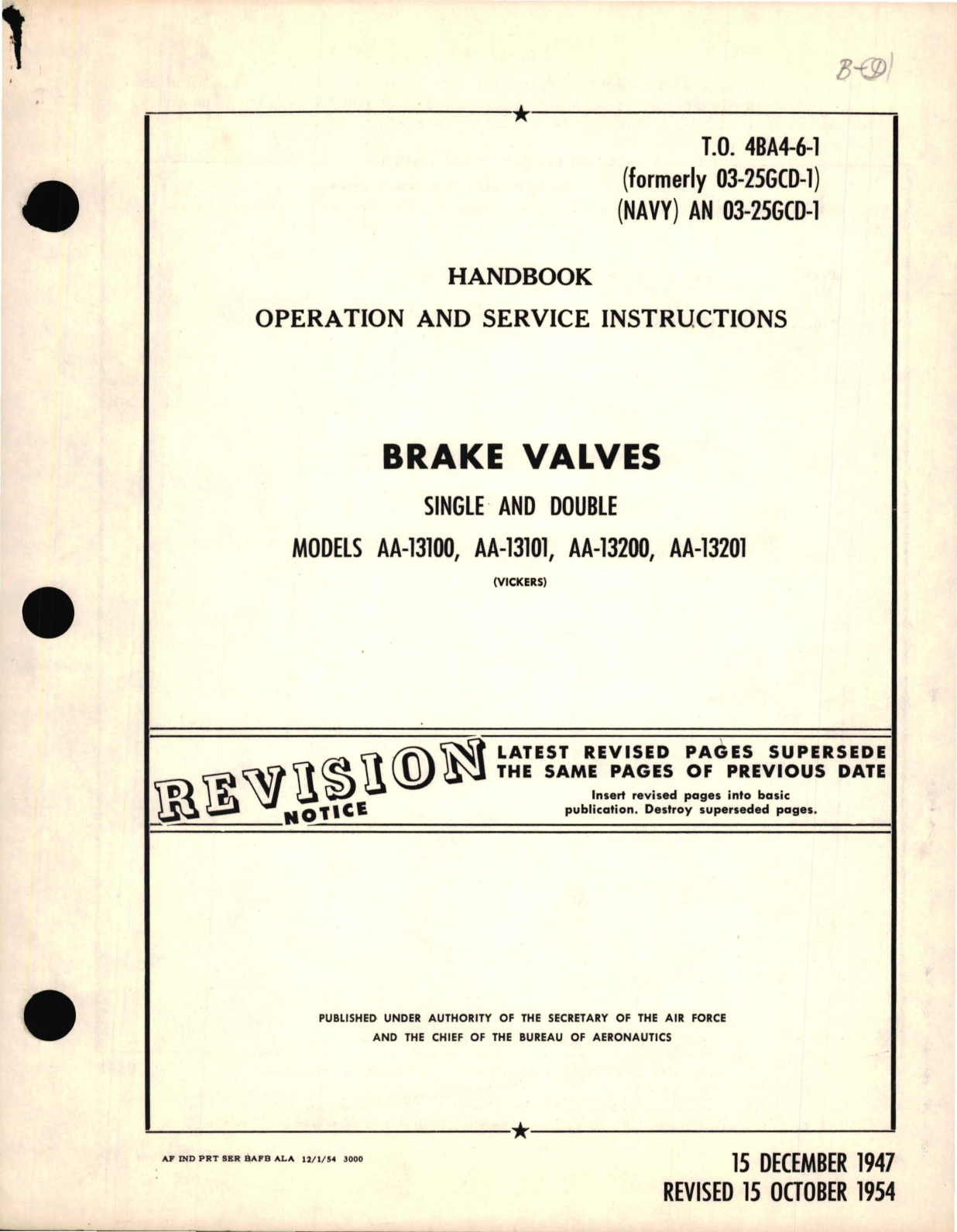 Sample page 1 from AirCorps Library document: Operation and Service Instructions for Brake Valves Single and Double Models AA-13100, AA-13101, AA-13200, AA-13201 