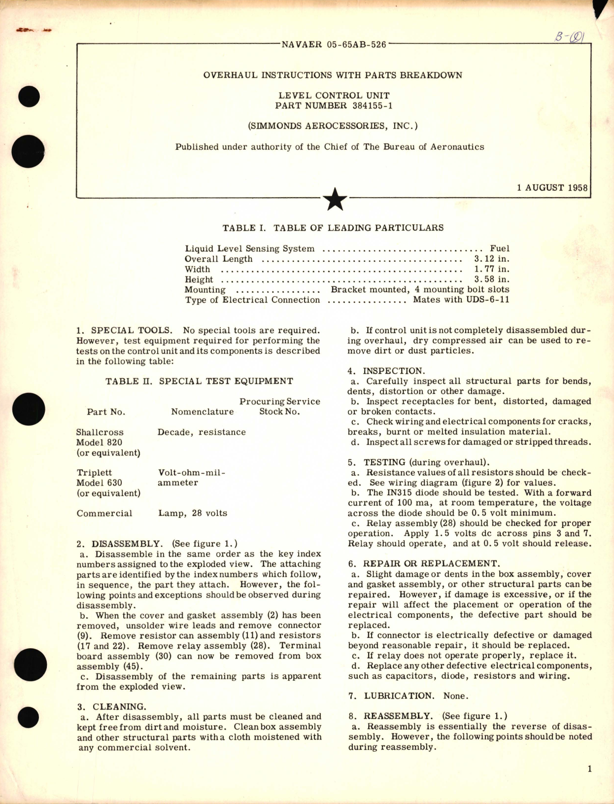 Sample page 1 from AirCorps Library document: Overhaul Instructions with Parts Breakdown for Level Control Unit Part Number 384155-1