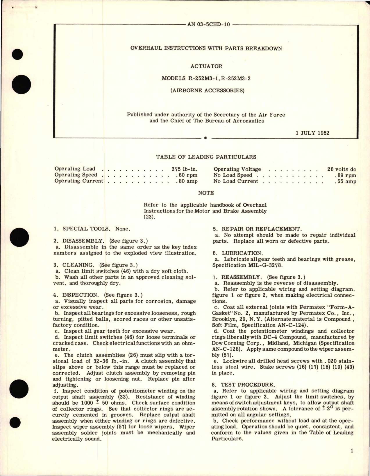 Sample page 1 from AirCorps Library document: Overhaul Instructions with Parts Breakdown for Actuator Model R-252M3-1 & R-252M3-2