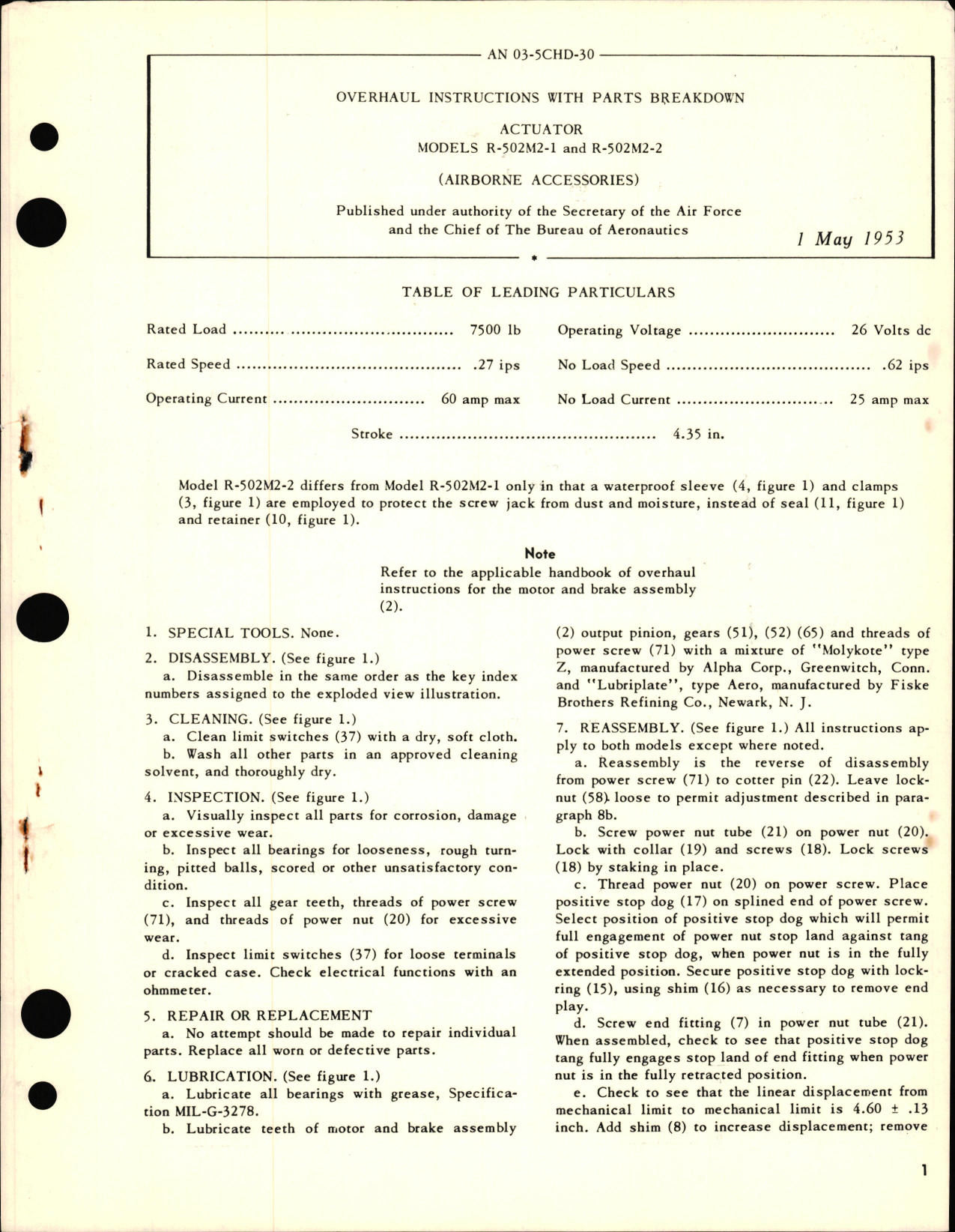 Sample page 1 from AirCorps Library document: Overhaul Instructions with Parts Breakdown for Actuator Models R-502M2-1 and R-502M2-2