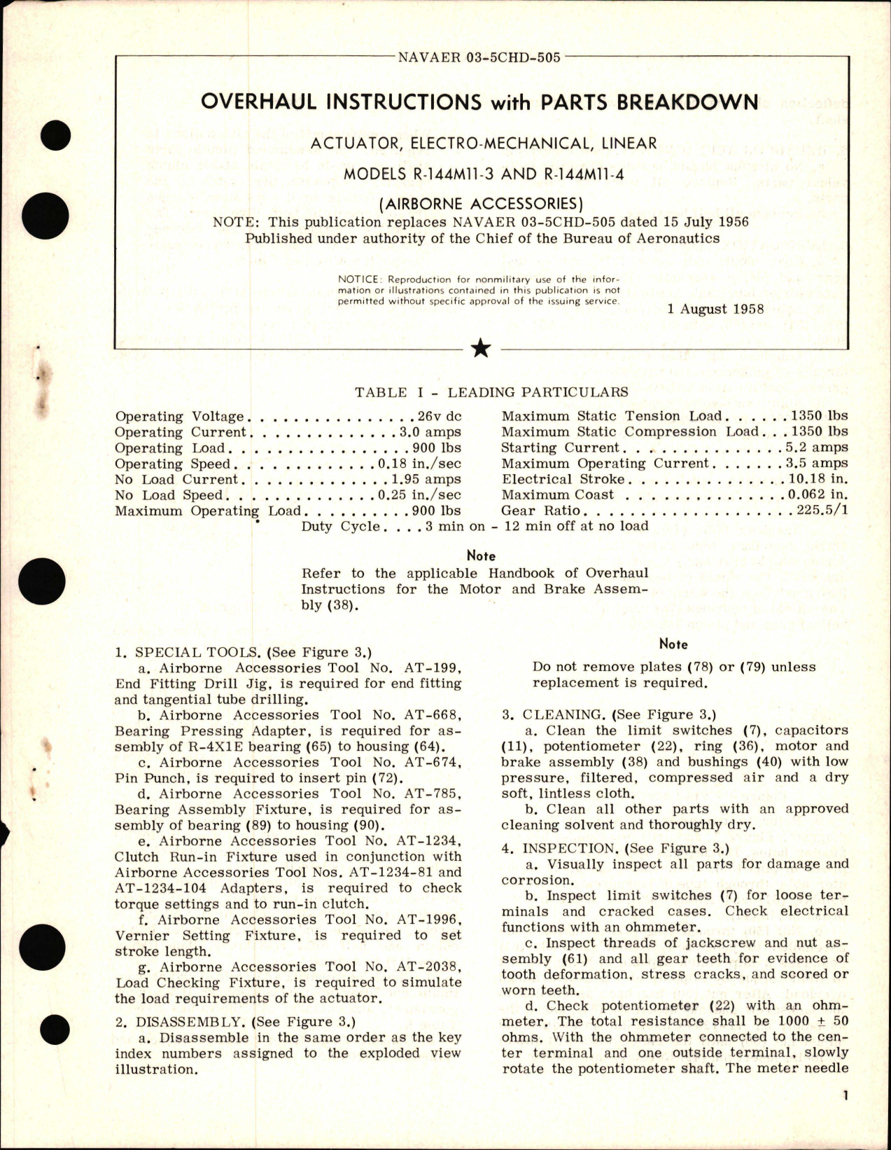 Sample page 1 from AirCorps Library document: Overhaul Instructions with Parts Breakdown for Actuator, Electro-Mechanical, Linear Models R-144M11-3 and R-144M11-4