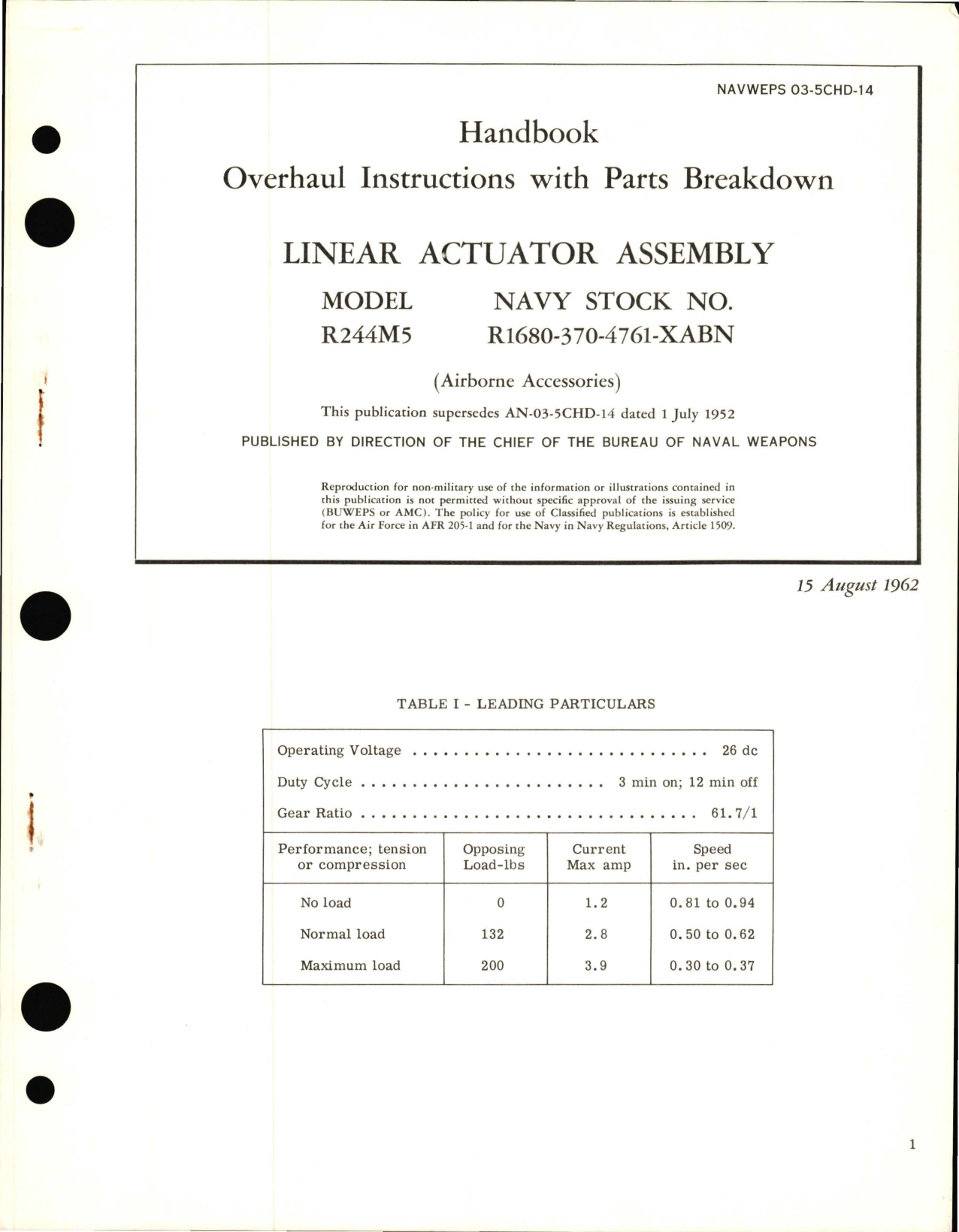 Sample page 1 from AirCorps Library document: Overhaul Instructions with Parts Breakdown for Linear Actuator Assembly Model R244M5 and R1680-370-4761-XABN