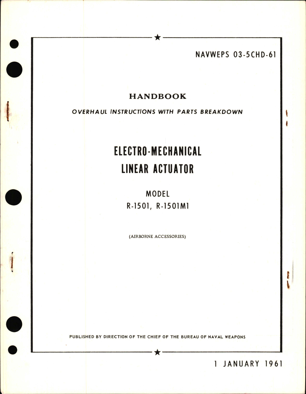 Sample page 1 from AirCorps Library document: Overhaul Instructions with Parts Breakdown for Electro-Mechanical Linear Actuator Model R-1501 and R-1501M1