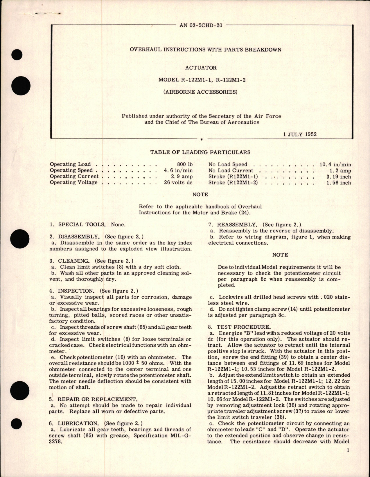 Sample page 1 from AirCorps Library document: Overhaul Instructions with Parts Breakdown for Actuator Model R-122M1-1 and R-122M1-2