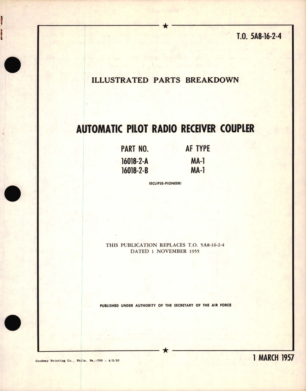 Sample page 1 from AirCorps Library document: Illustrated Parts Breakdown for Automatic Pilot Radio Receiver Coupler Part No. 16018-2 AF Type MA-1