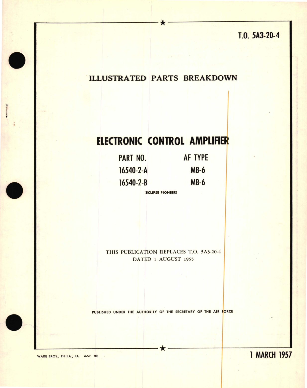 Sample page 1 from AirCorps Library document: Illustrated Parts Breakdown for Electronic Control Amplifier Part No. 16540-2 AF Type MB-6 