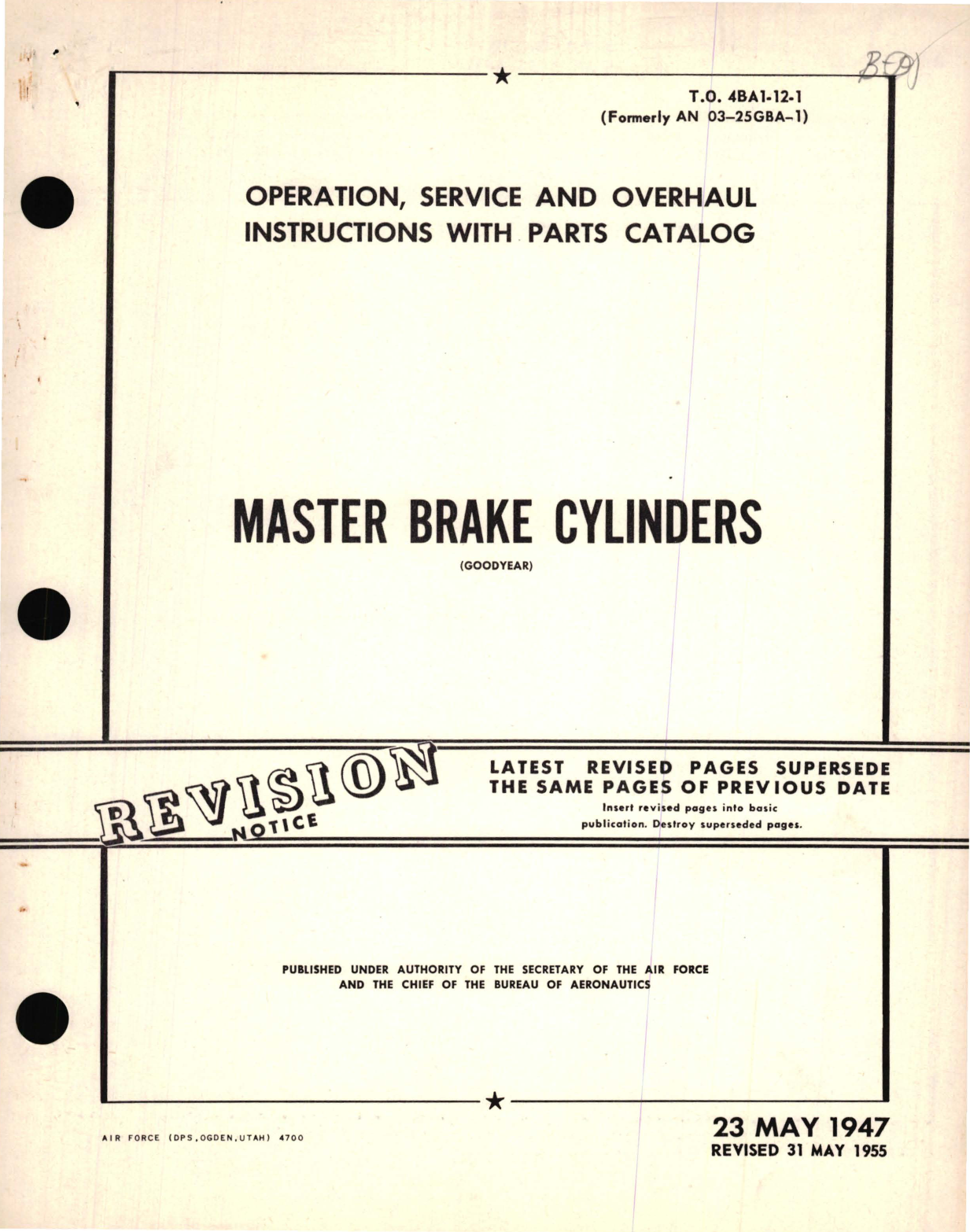 Sample page 1 from AirCorps Library document: Operation, Service and Overhaul Instructions with Parts Catalog for Master Brake Cylinders 