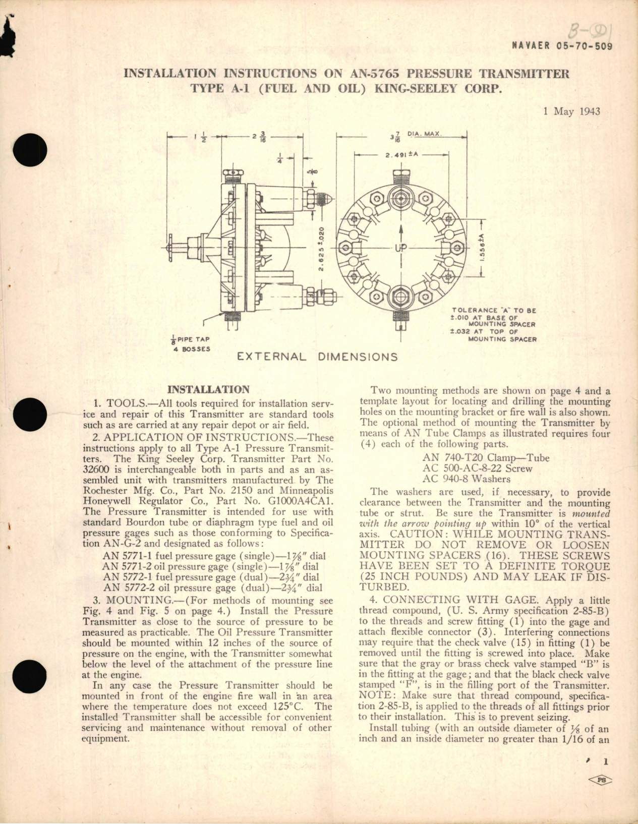 Sample page 1 from AirCorps Library document: Installation Instructions on AN-5765 Pressure Transmitter Type A-1 (Fuel and Oil) King-Seeley Corp