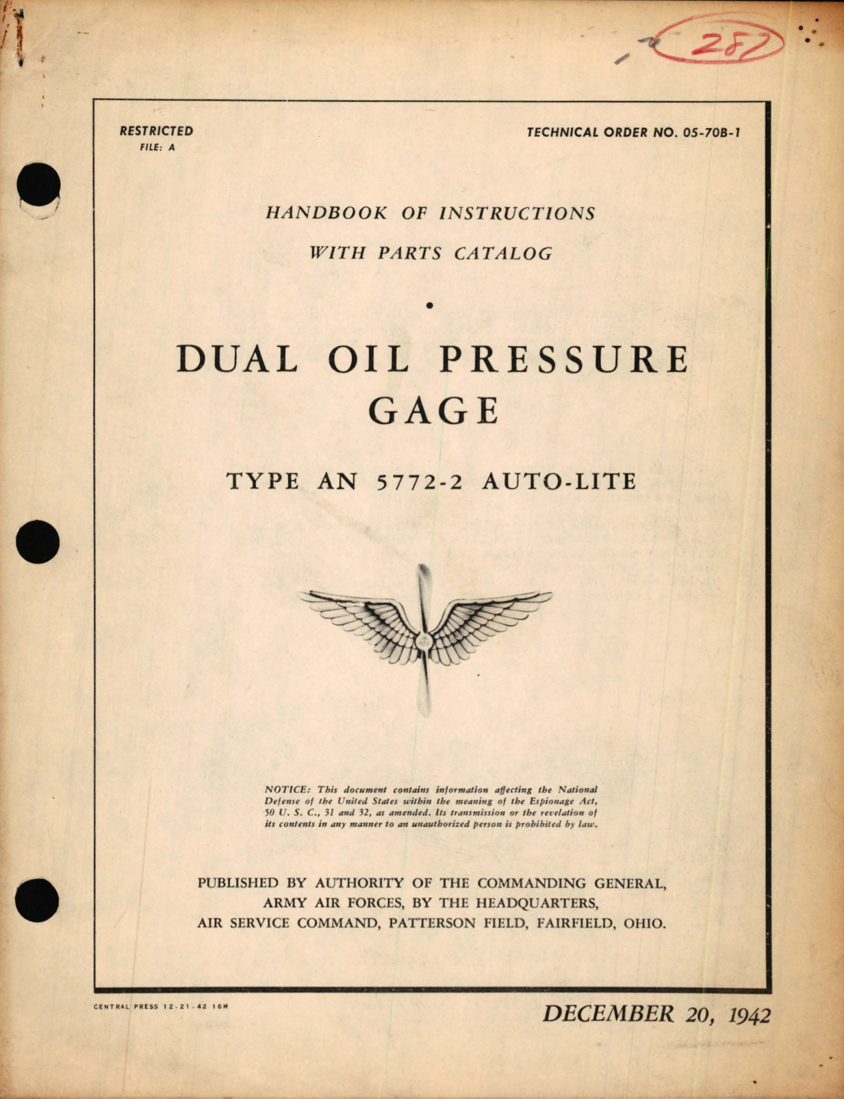 Sample page 1 from AirCorps Library document: Instructions with Parts Catalog for Dual Oil Pressure Gage Type AN 5772-2 Auto-Lite