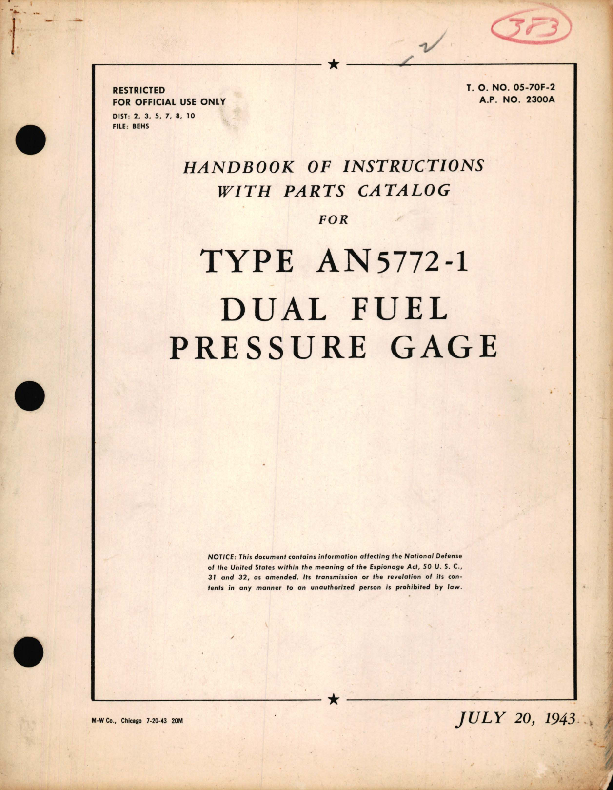 Sample page 1 from AirCorps Library document: Instructions with Parts Catalog for Type AN 5772-1 Dual Fuel Pressure Gage 