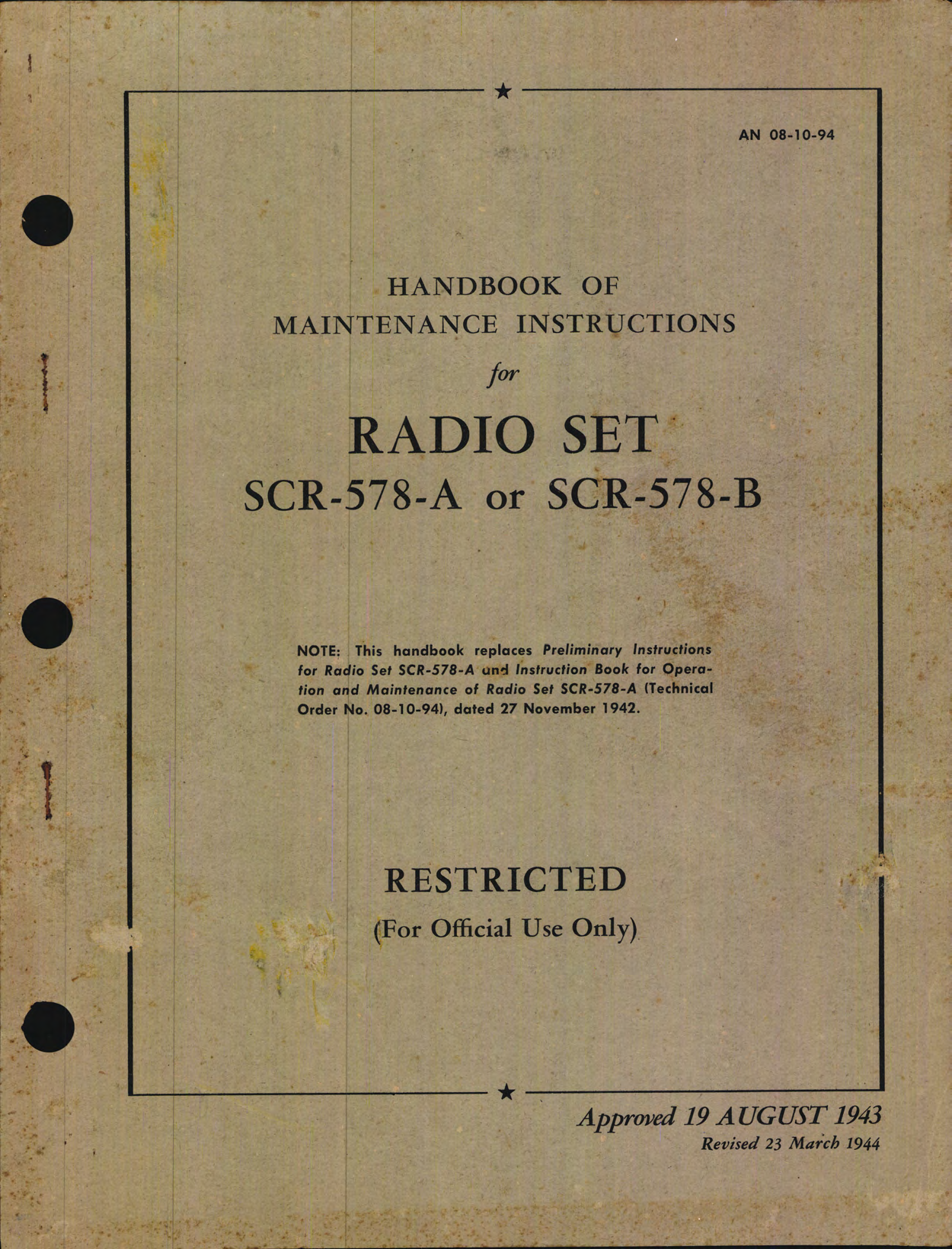 Sample page 1 from AirCorps Library document: Maintenance Instructions for Radio Set SCR-578-A or SCR-578-B
