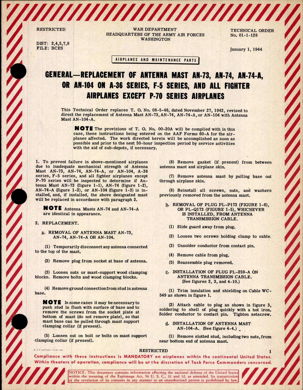 Sample page 1 from AirCorps Library document: Replacement of Antenna Mast AN-73, AN-74, AN-74-A, or AN-104