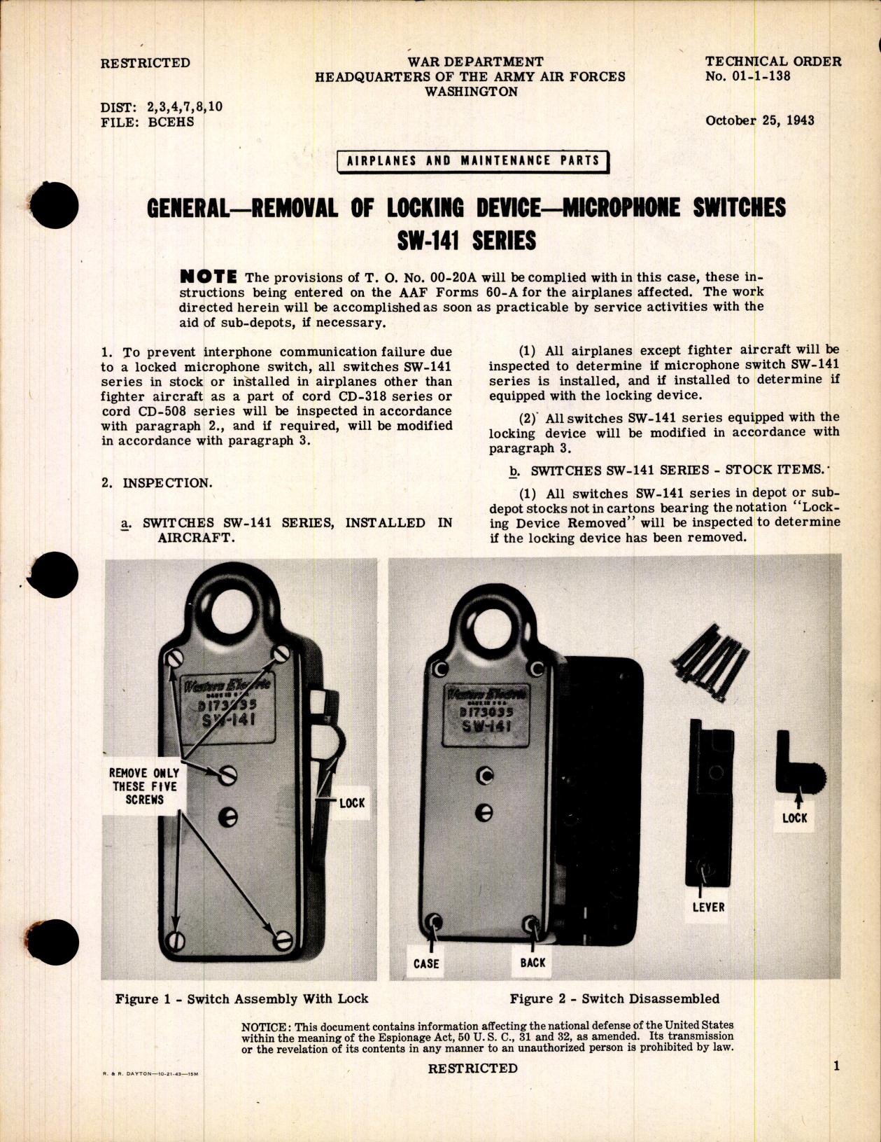 Sample page 1 from AirCorps Library document: Removal of Locking Device - Microphone Switches SW-141 Series