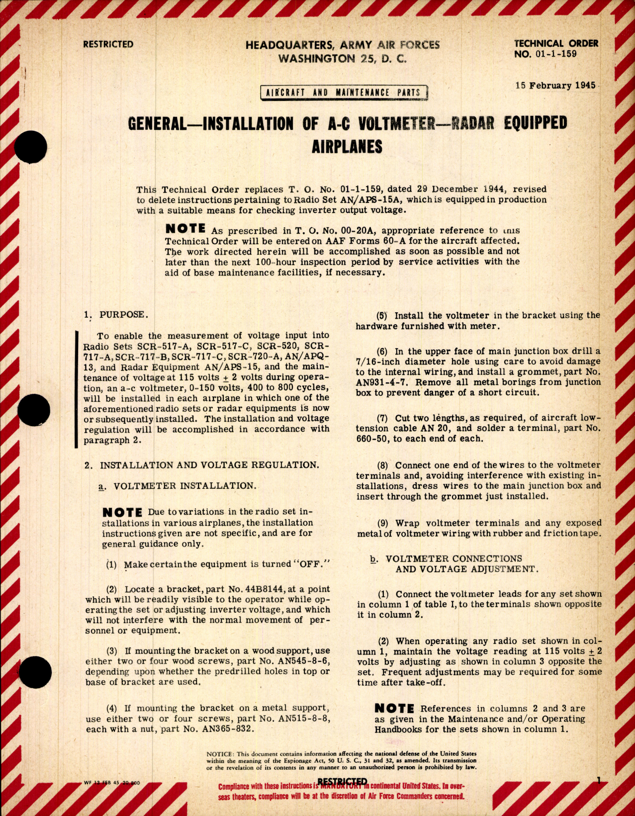 Sample page 1 from AirCorps Library document: Installation of A-C Voltmeter - Radar Equipped Airplanes