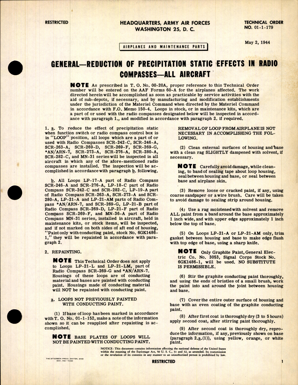 Sample page 1 from AirCorps Library document: Reduction of Precipitation Static Effects in Radio Compasses for All Aircraft