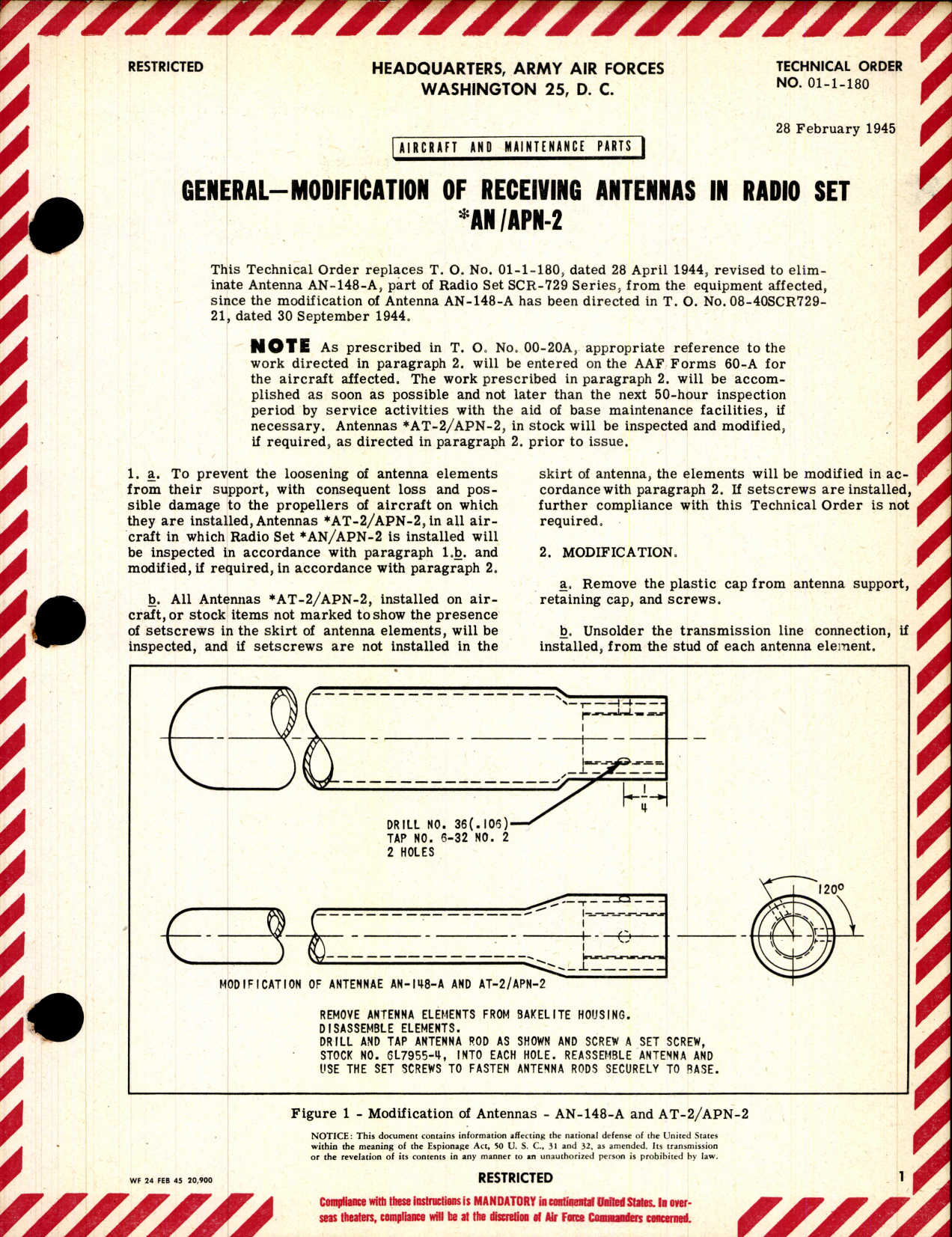 Sample page 1 from AirCorps Library document: Modification of Receiving Antennas in Radio Set AN/APN-2