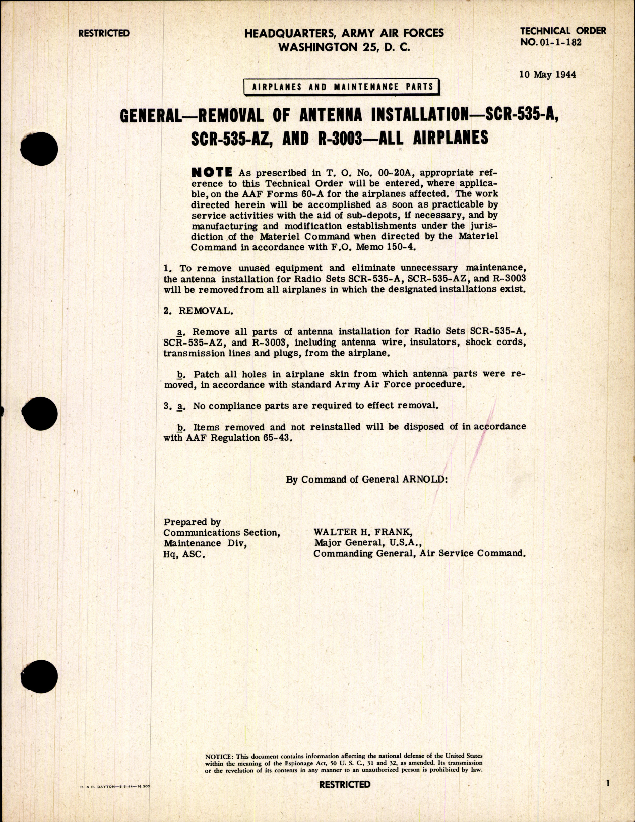 Sample page 1 from AirCorps Library document: Removal of Antenna Installation for SCR-535-A, SCR-535-AZ, and R-3003 in All Airplanes