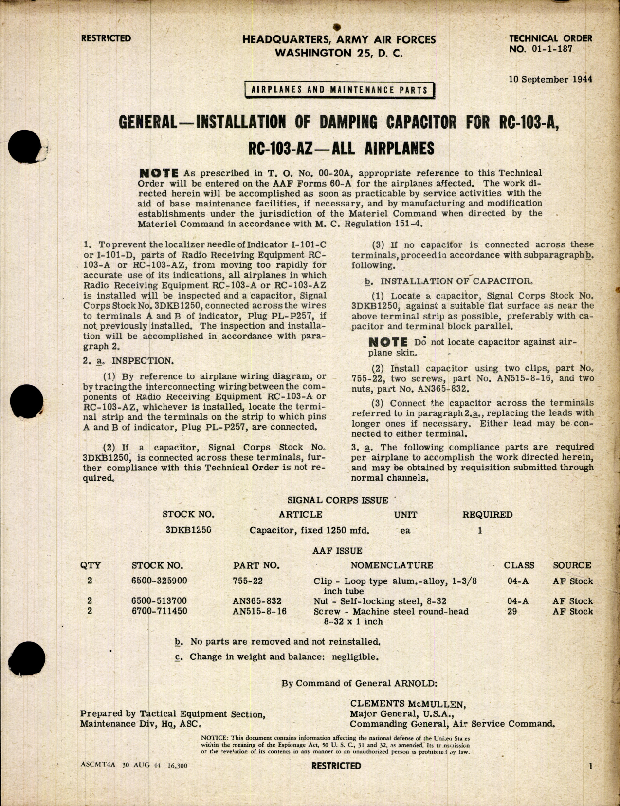 Sample page 1 from AirCorps Library document: Installation of Damping Capacitor for RC-103-A and RC-103-AZ for All Airplanes