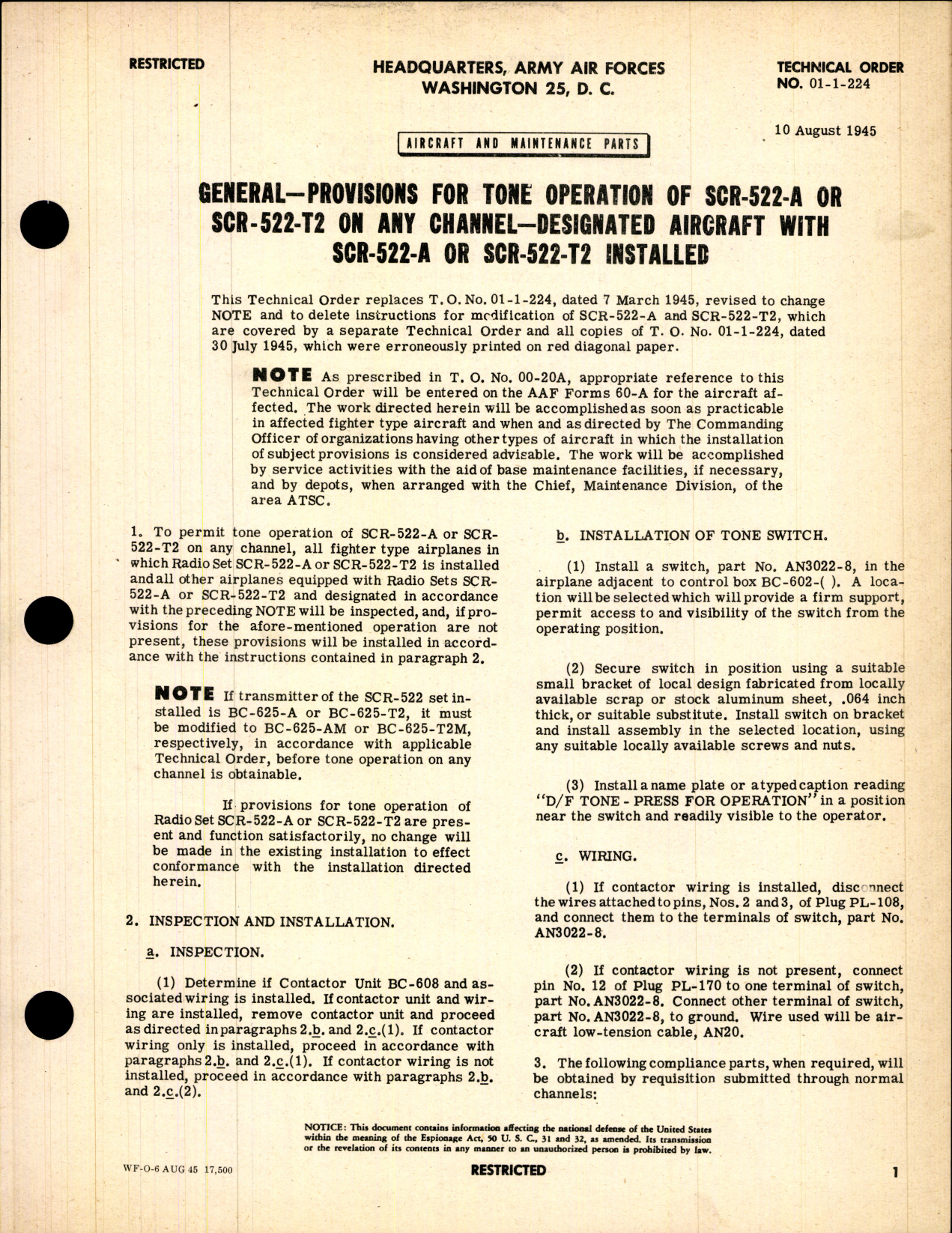 Sample page 1 from AirCorps Library document: Provisions for Tone Operation of SCR-522-A or SCR-522-T2 on Any Channel