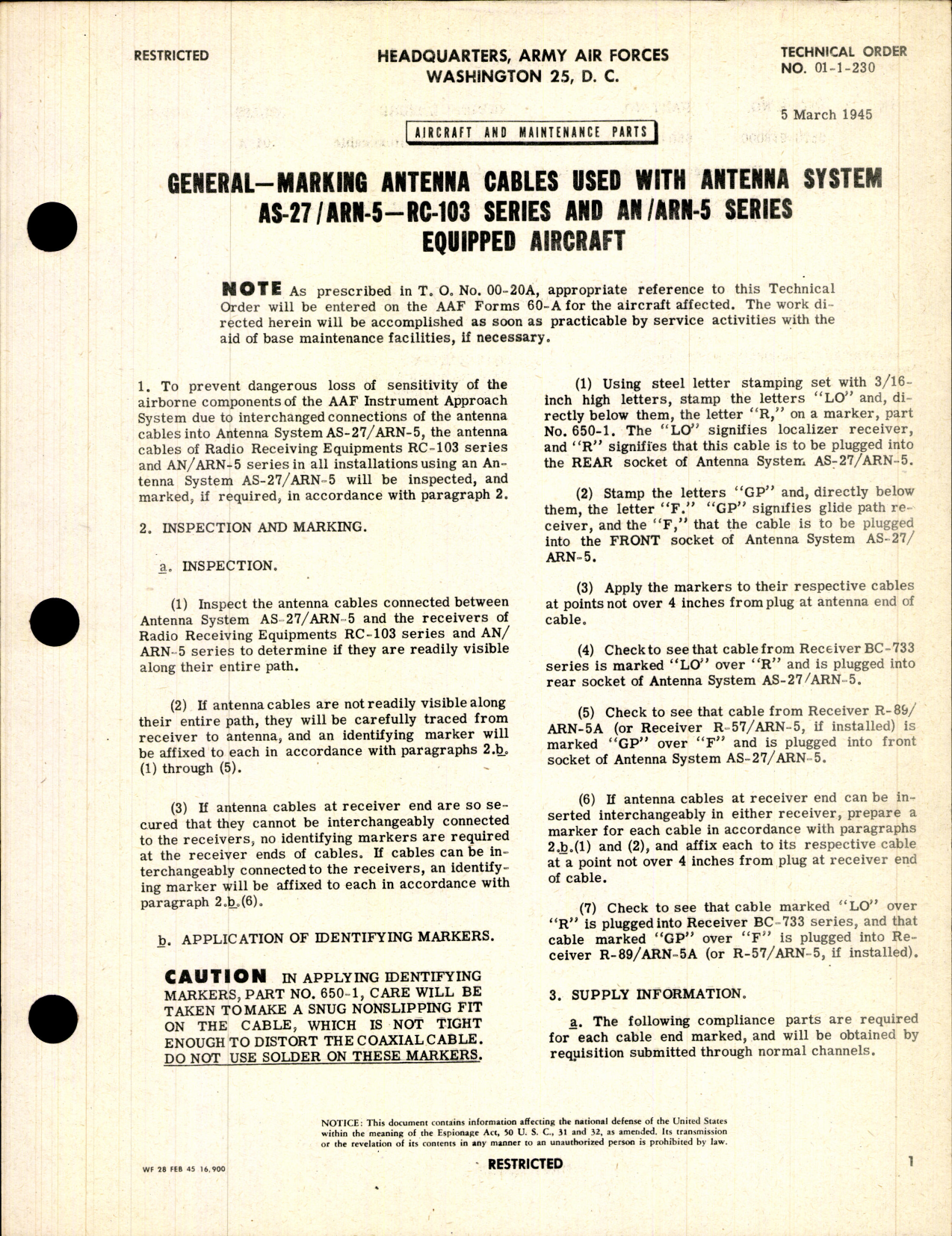 Sample page 1 from AirCorps Library document: Marking Antenna Cables Used With Antenna System AS-27/ARN-5