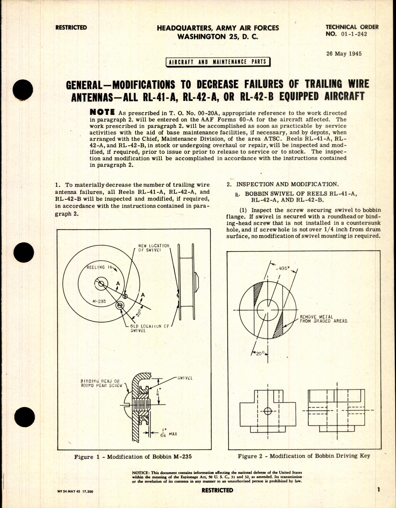 Sample page 1 from AirCorps Library document: Modifications to Decrease Failures of Trailing Wire Antennas