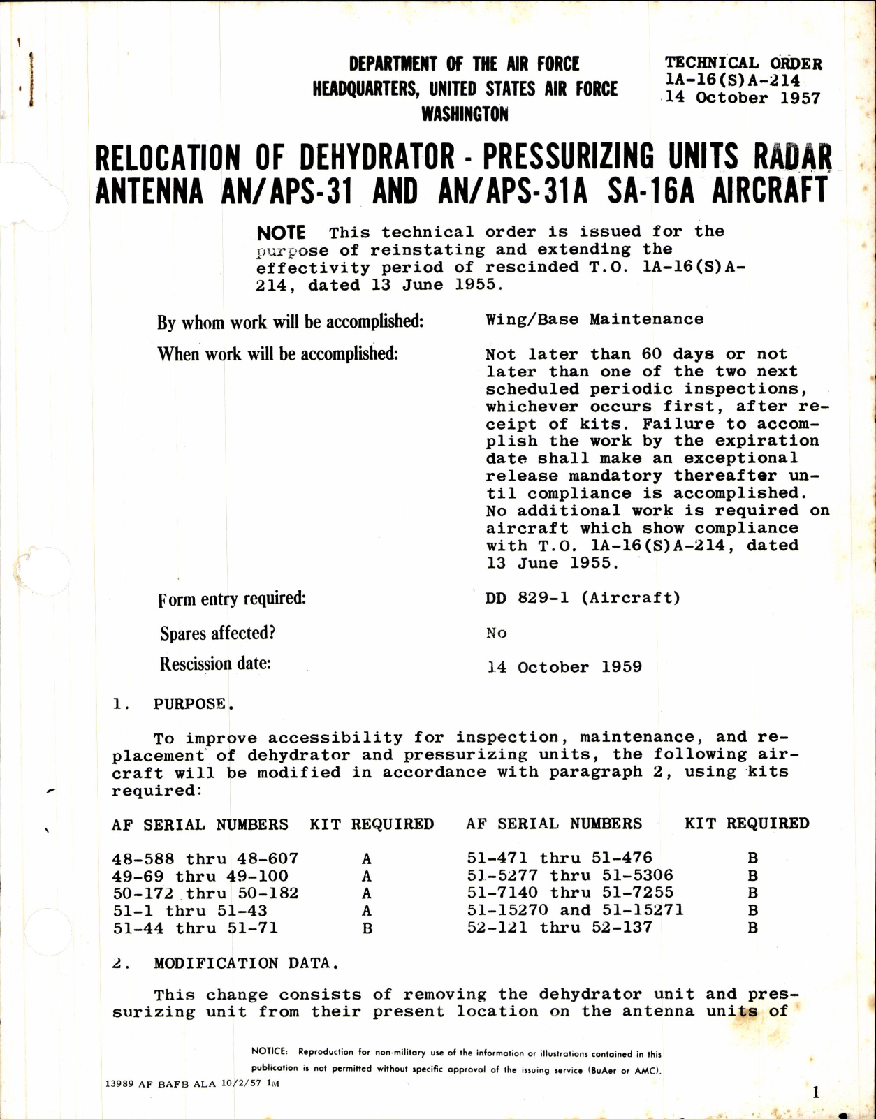 Sample page 1 from AirCorps Library document: Relocation of Dehydrator Pressurizing Units Radar Antenna AN/APS-31 and AN/APS-31A