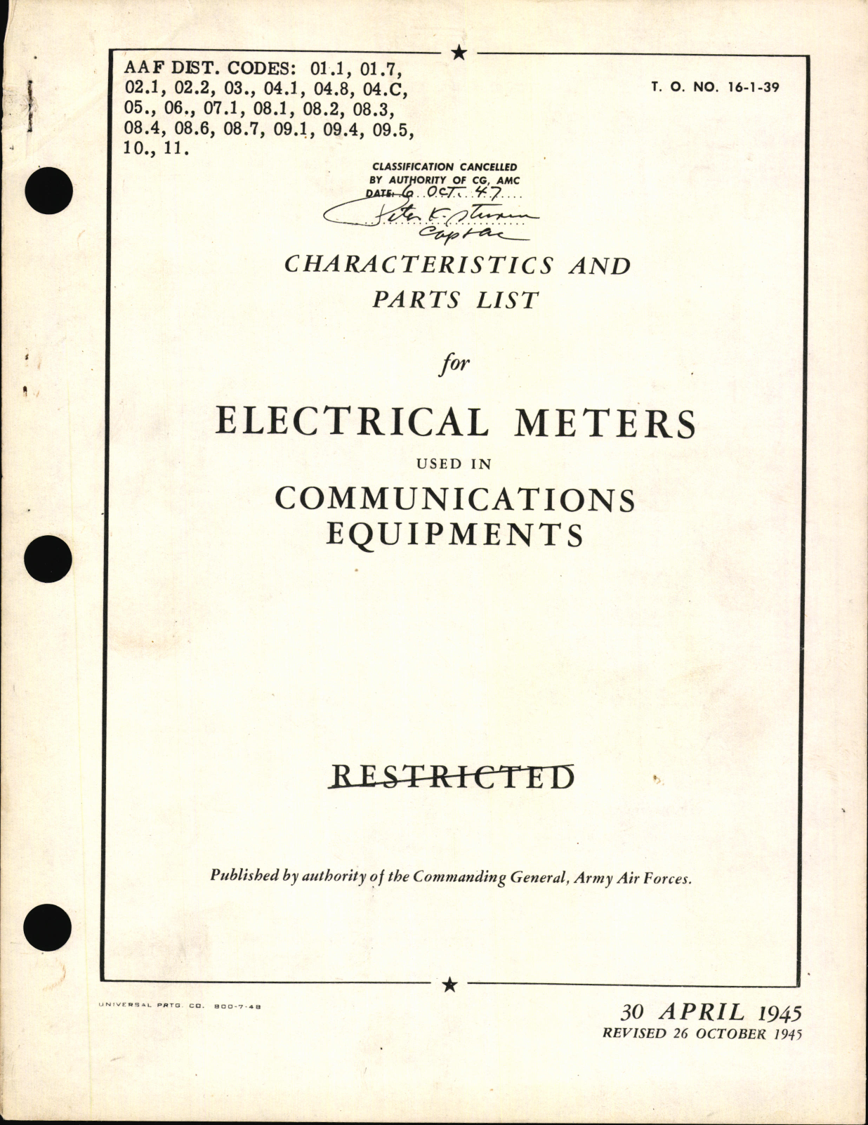 Sample page 1 from AirCorps Library document: Characteristics and Parts List for Electrical Meters Used in Communications Equipment