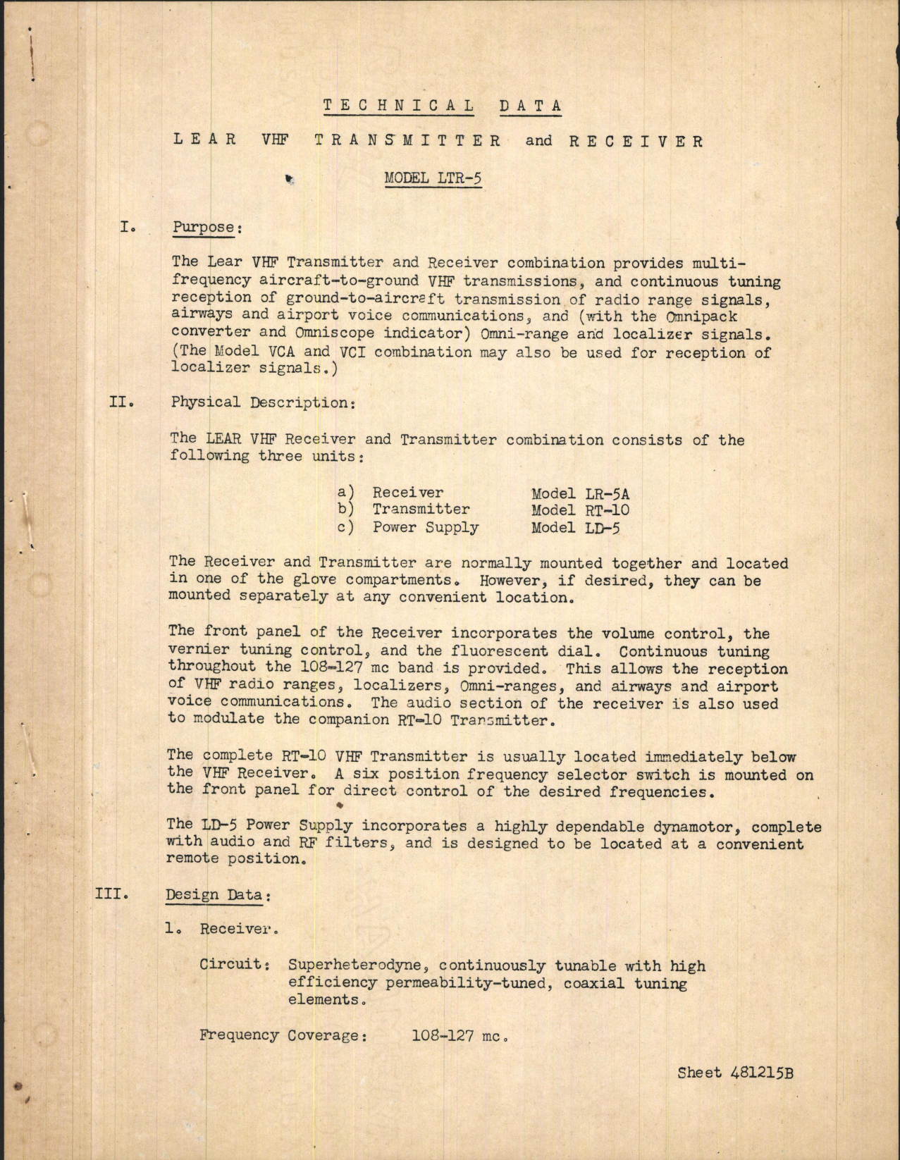 Sample page 1 from AirCorps Library document: Technical Data for Lear VHF Transmitter and Receiver Model LTR-5