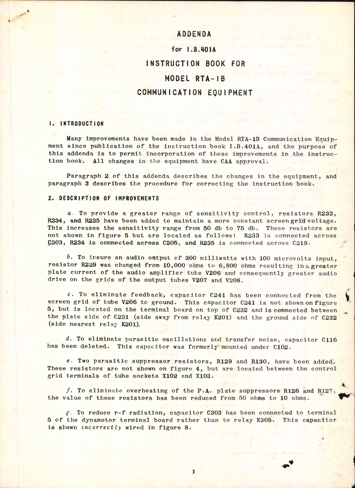Sample page 1 from AirCorps Library document: Instruction Book for Model RTA-1B Communication Equipment