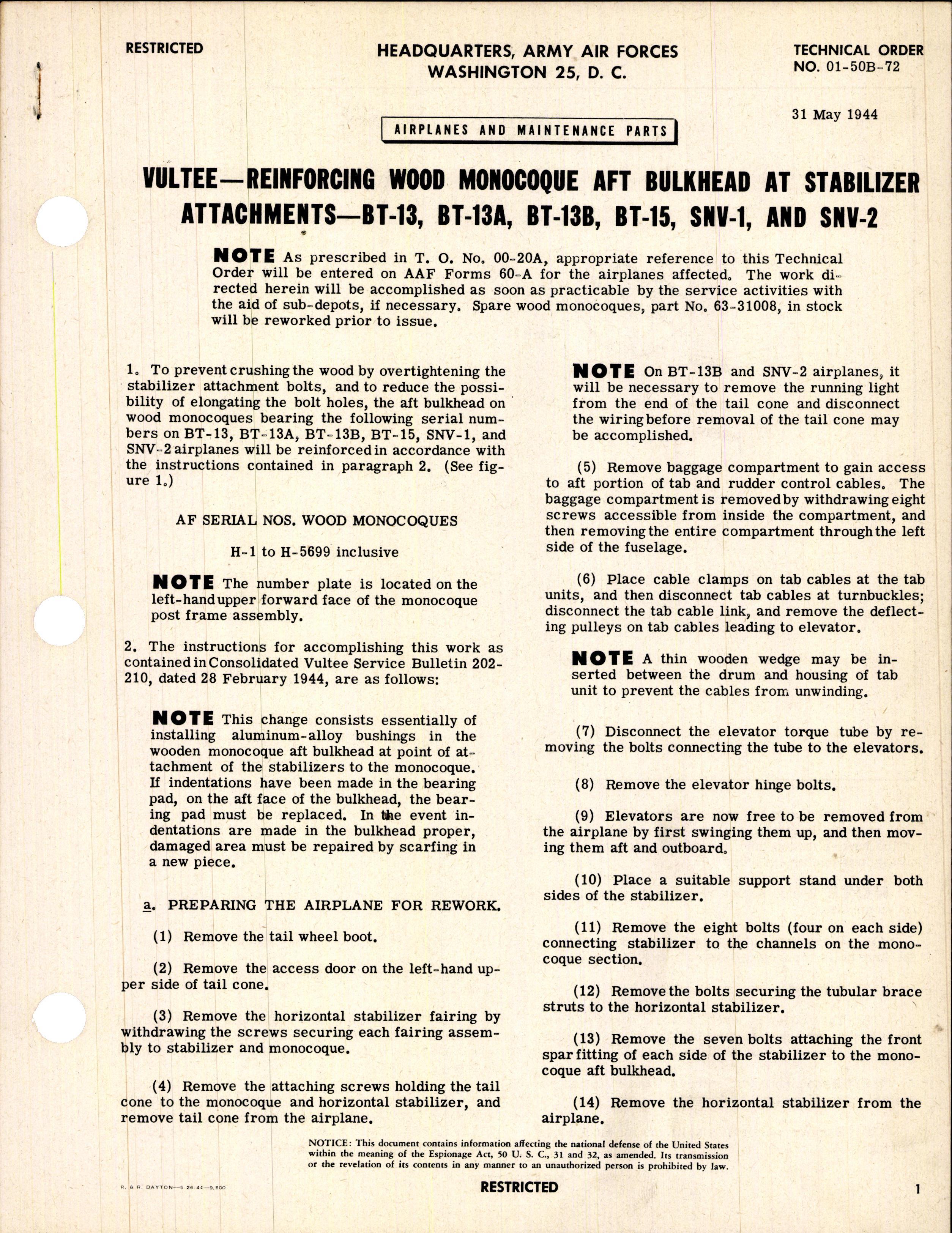 Sample page 1 from AirCorps Library document: Reinforcing Wood Monocoque Aft Bulkhead at Stabilizer Attachments - Bt-13, BT-13A, BT-13B, BT-15, and SNV-2