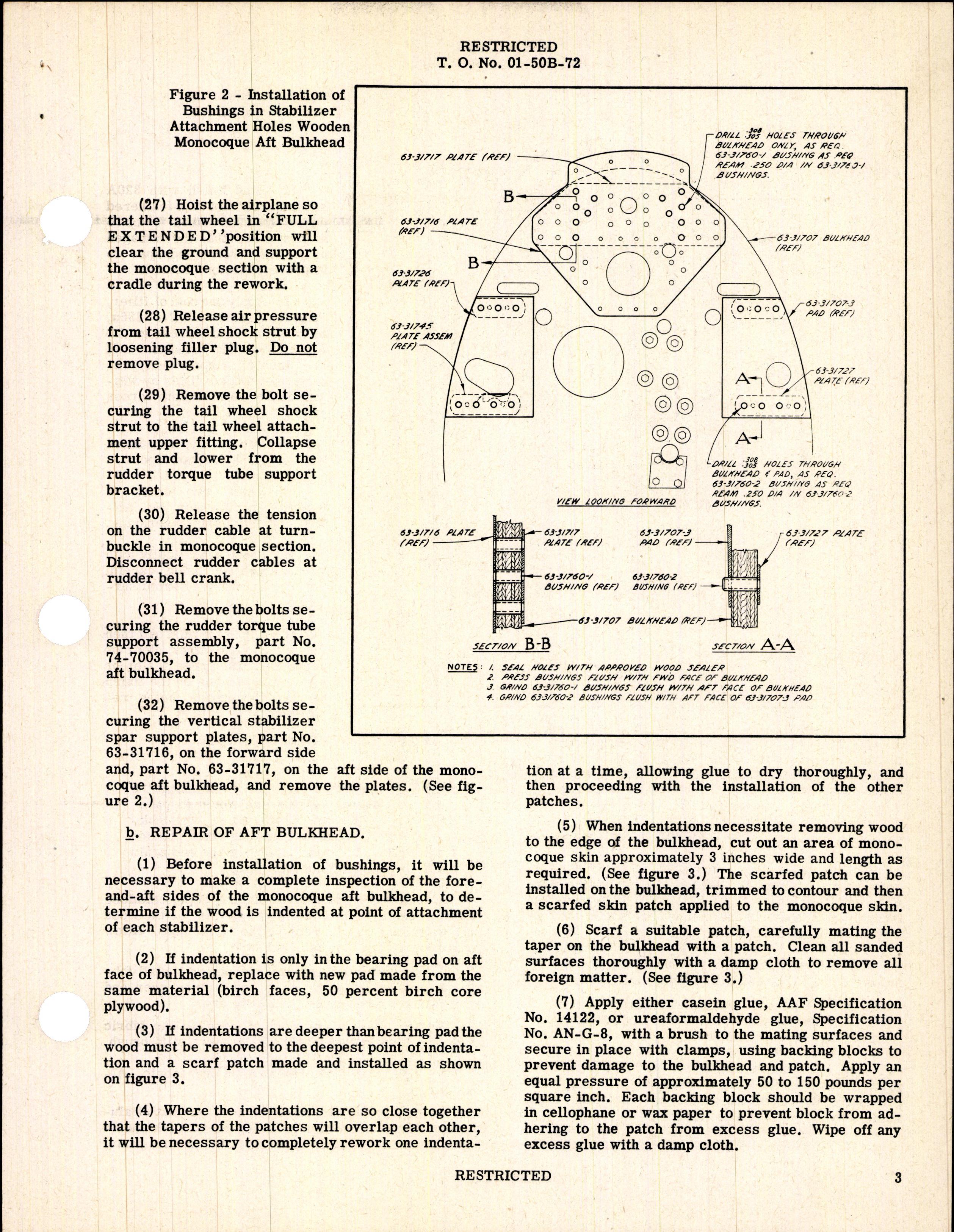 Sample page 3 from AirCorps Library document: Reinforcing Wood Monocoque Aft Bulkhead at Stabilizer Attachments - Bt-13, BT-13A, BT-13B, BT-15, and SNV-2