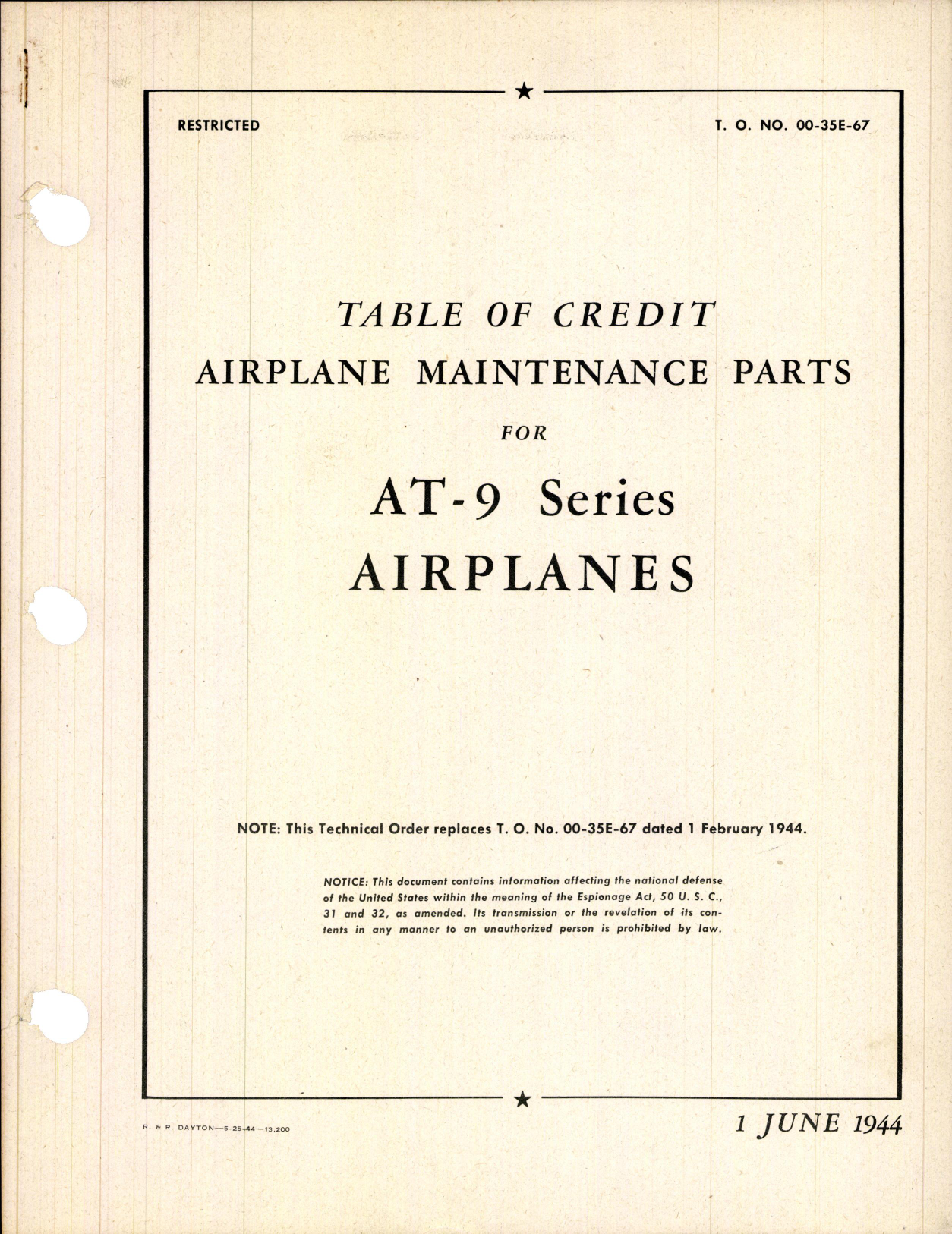 Sample page 1 from AirCorps Library document: Table of Credit - Airplane Maintenance Parts For AT-9 Series