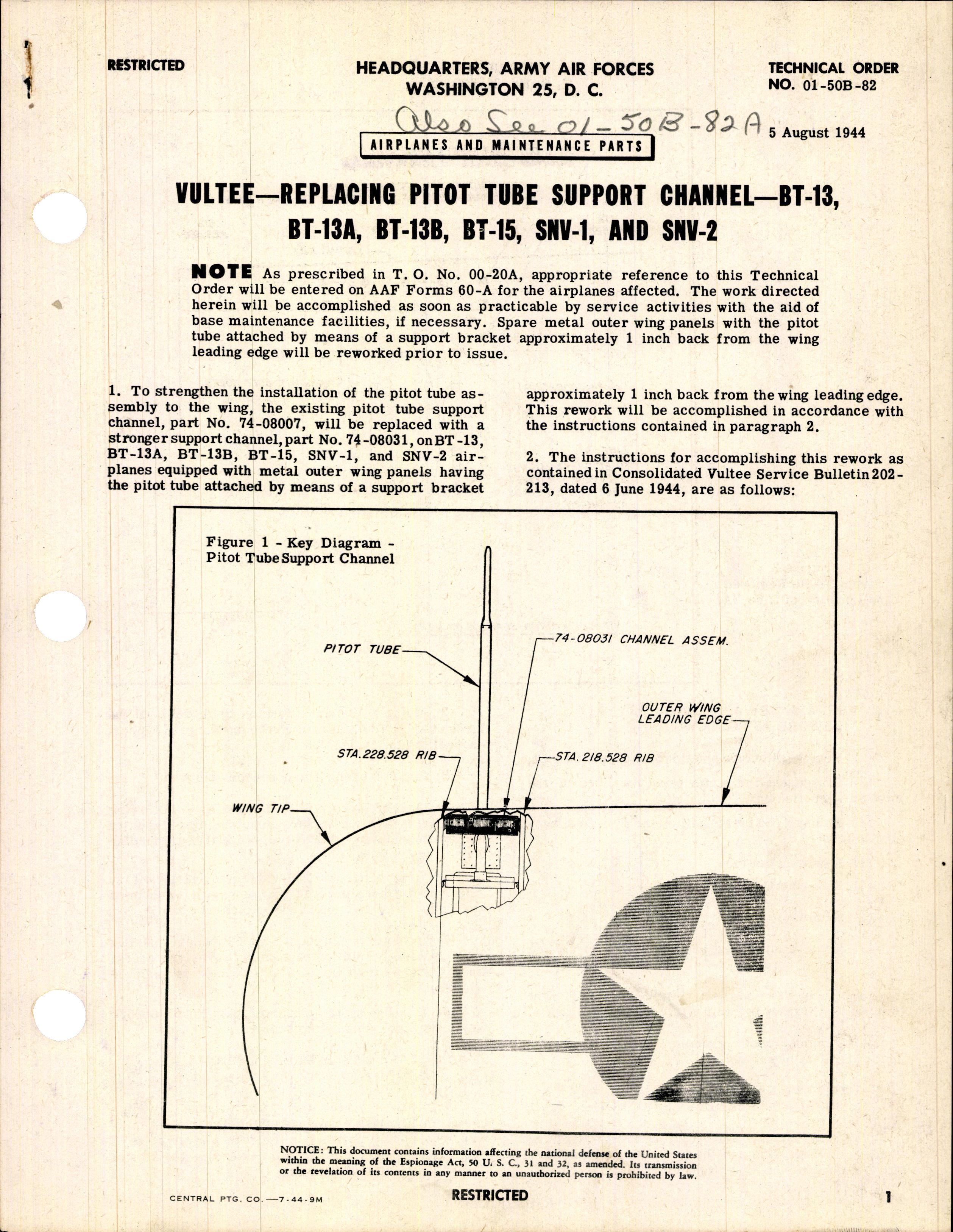 Sample page 1 from AirCorps Library document: Replacing Pitot Tube Support Channel - BT-13, BT-13A, BT-13B, BT-15, SNV-1, and SNV-2