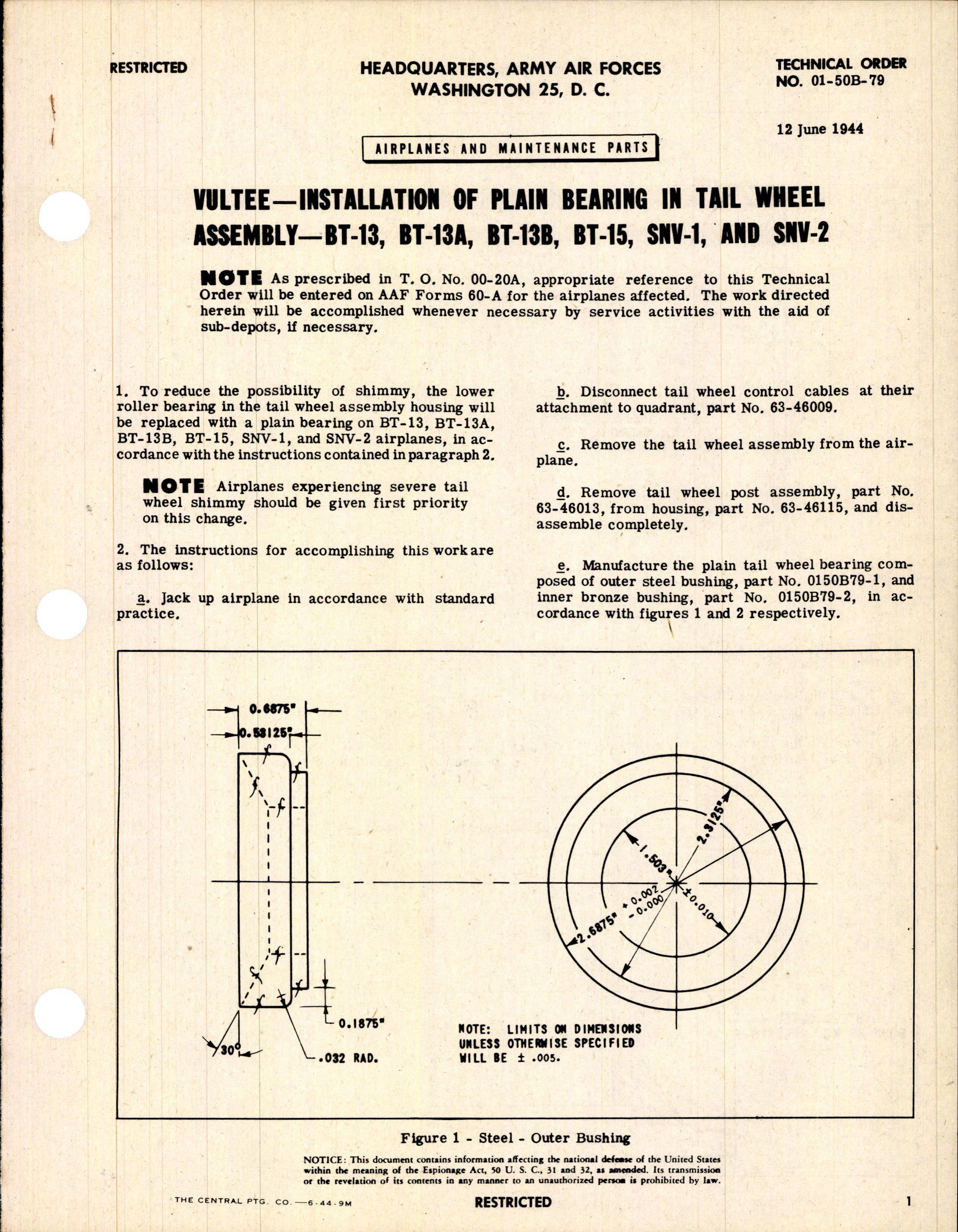 Sample page 1 from AirCorps Library document: Installation of Plain Bearing in Tail Wheel Assembly - BT-13, BT-13A, BT-13B, BT-15, SNV-1, and SNV-2