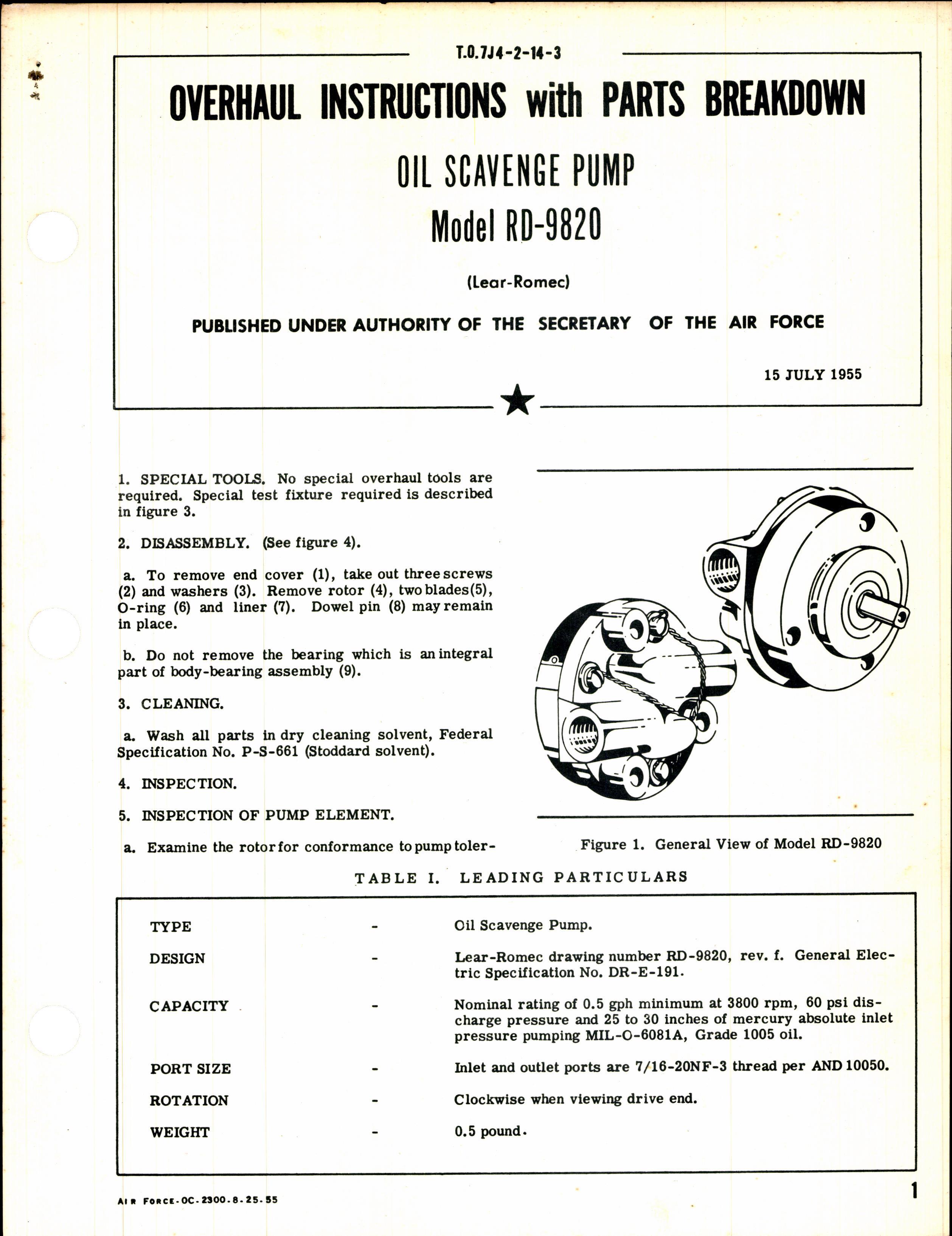 Sample page 1 from AirCorps Library document: Overhaul Instructions with Parts Breakdown for Oil Scavenge Pump Model RD-9820