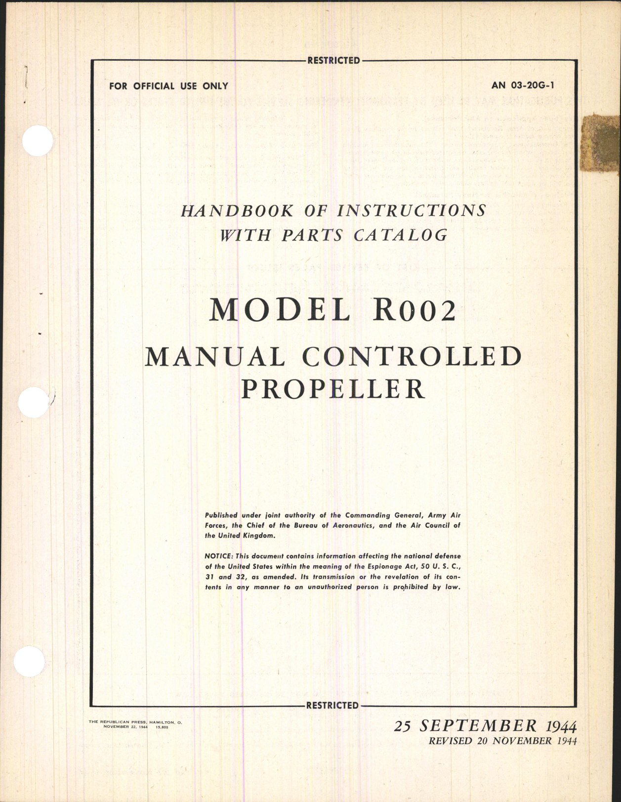 Sample page 3 from AirCorps Library document: Handbook of Instructions with Parts Catalog for Model R002 Manual Controlled Propeller 