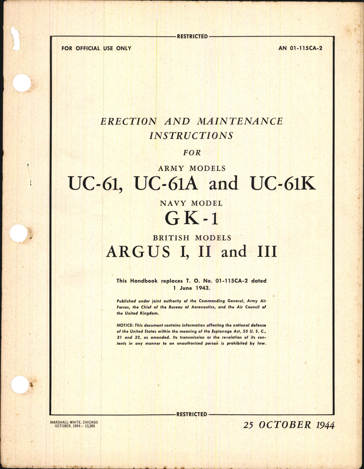 Sample page 1 from AirCorps Library document: Erection and Maintenance Instructions for UC-61, UC-61A, UC-61K, GK-1