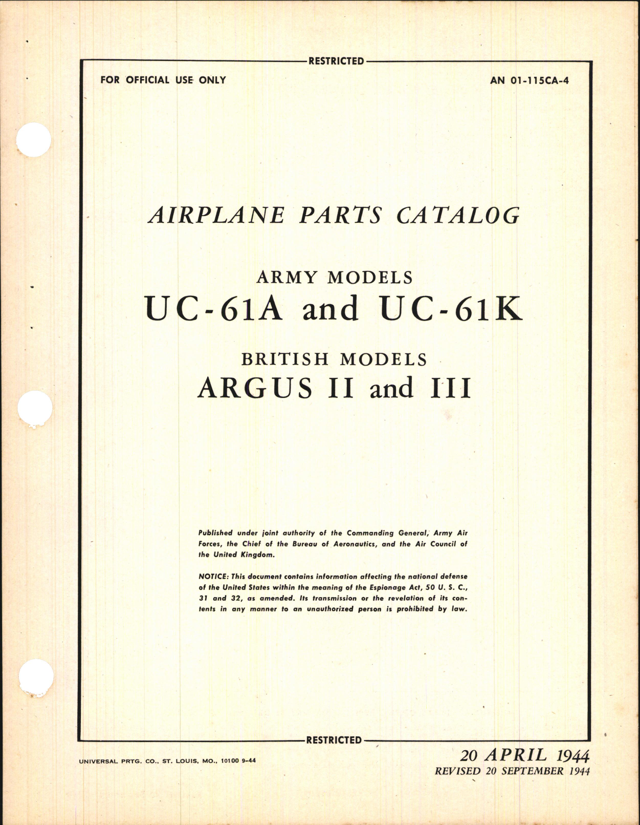 Sample page 1 from AirCorps Library document: Airplane Parts Catalog for UC-61A and UC-61K