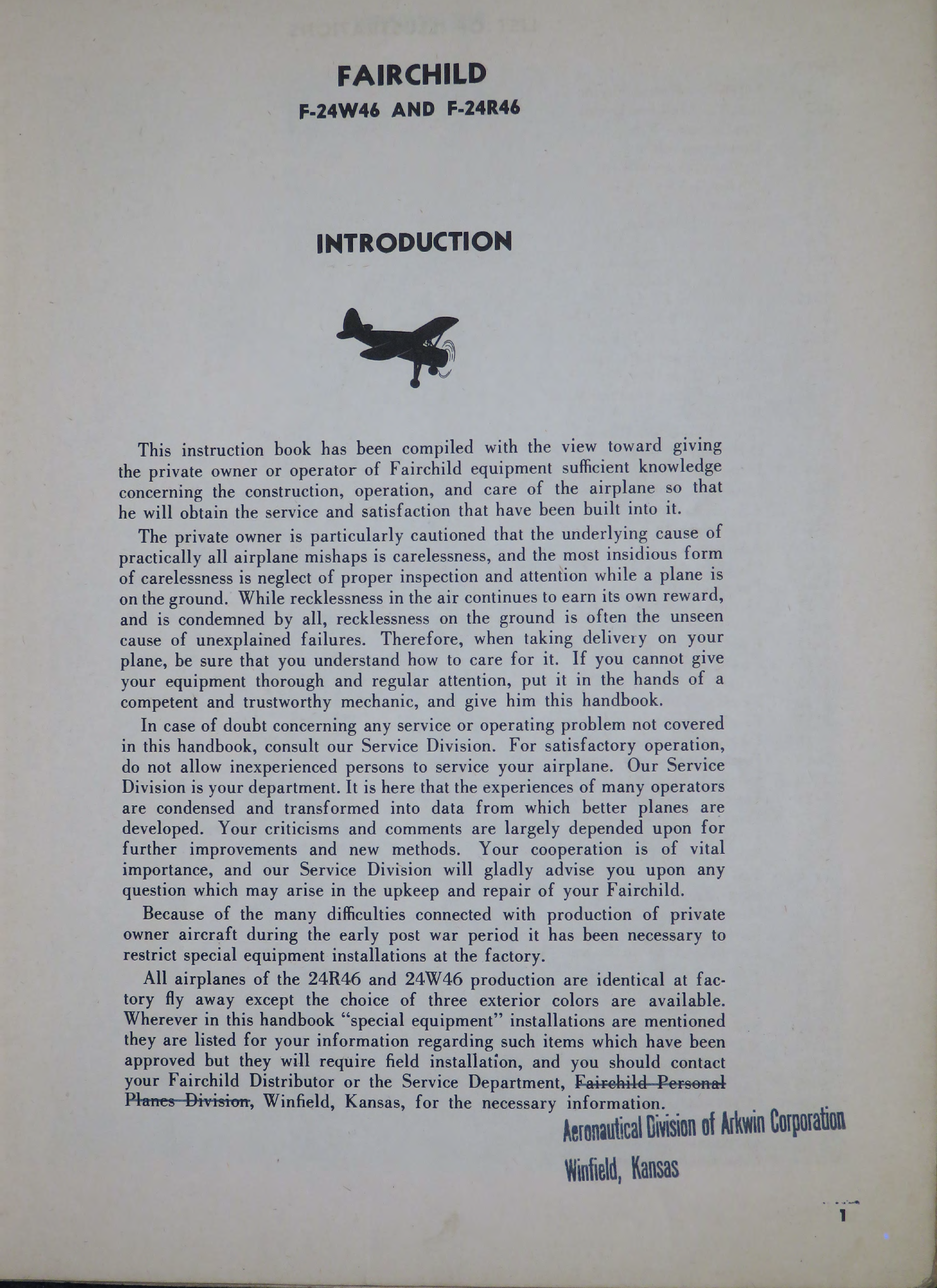 Sample page 5 from AirCorps Library document: Operation, Erection & Maintenance for Fairchild F-24W46 & F-24R46