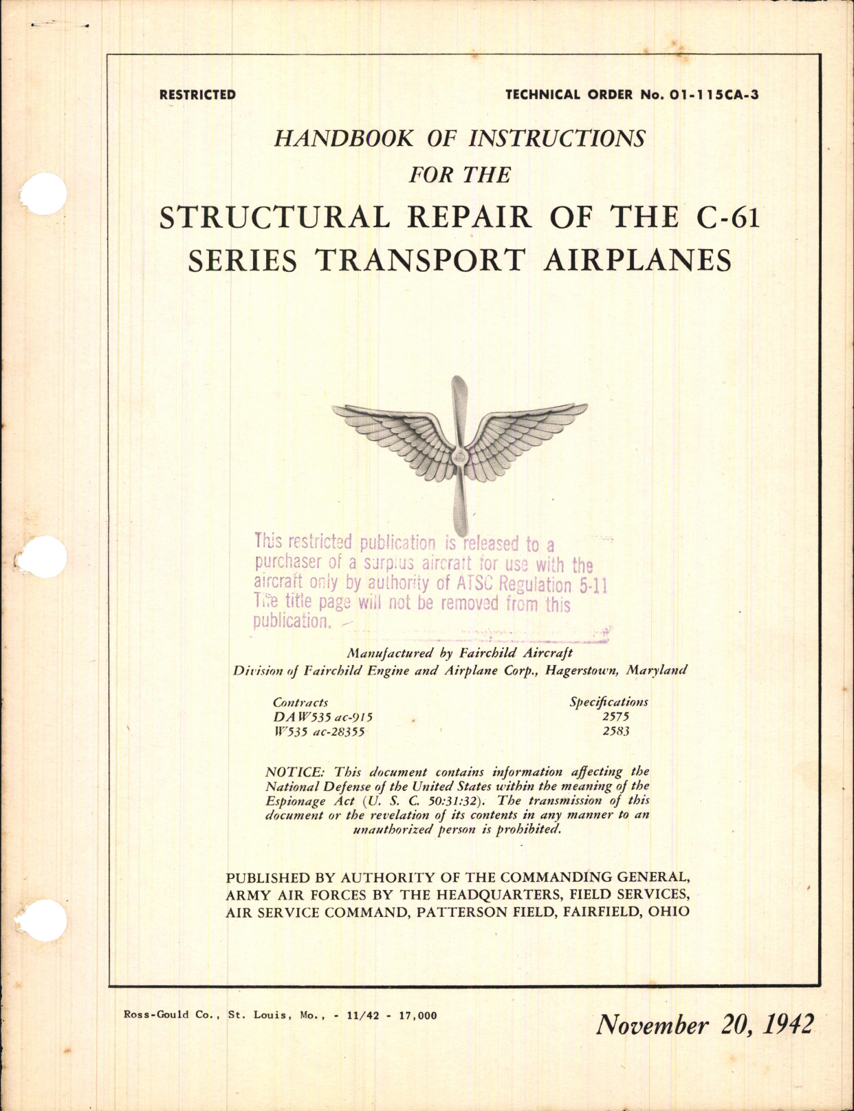 Sample page 1 from AirCorps Library document: Handbook of Instructions for the Structural Repair of the C-61 Series Transport Airplanes