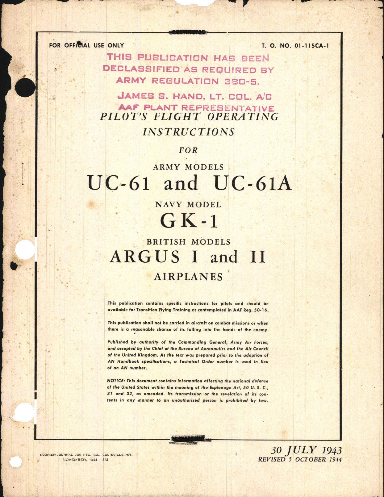 Sample page 1 from AirCorps Library document: Pilot's Flight Operating Instructions for UC-61, UC-61A, GK-1
