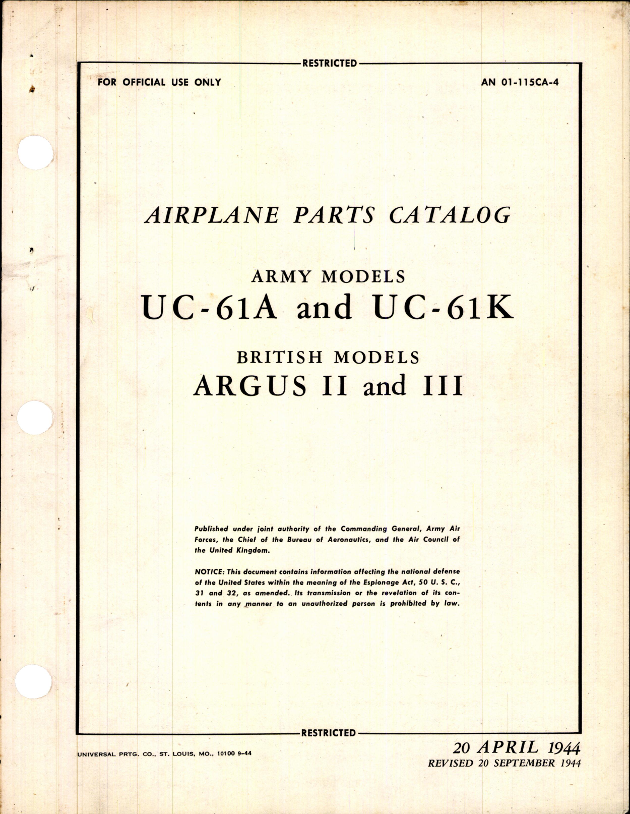 Sample page 1 from AirCorps Library document: Airplane Parts catalog for UC-61A, and UC-61K