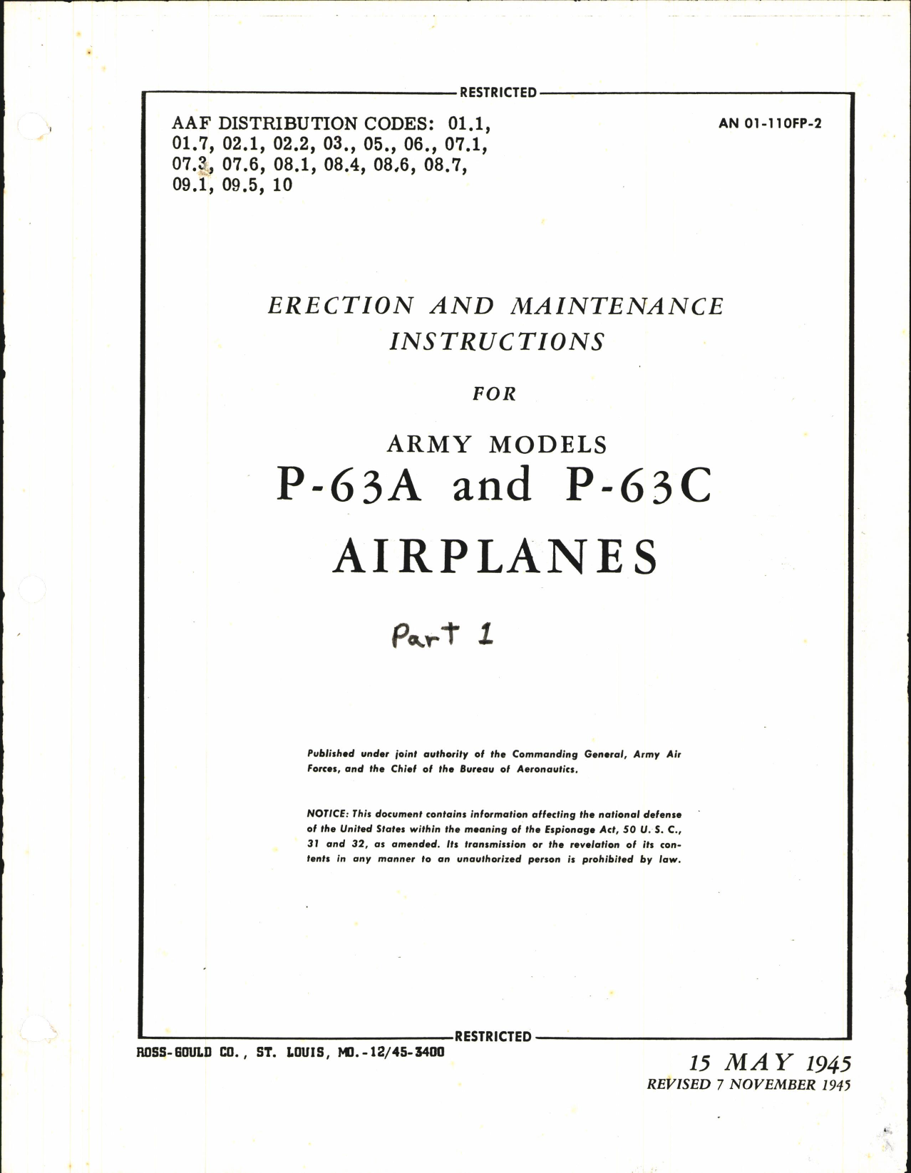 Sample page 1 from AirCorps Library document: Erection and Maintenance Instructions for Army Models P-63A and P-63C 