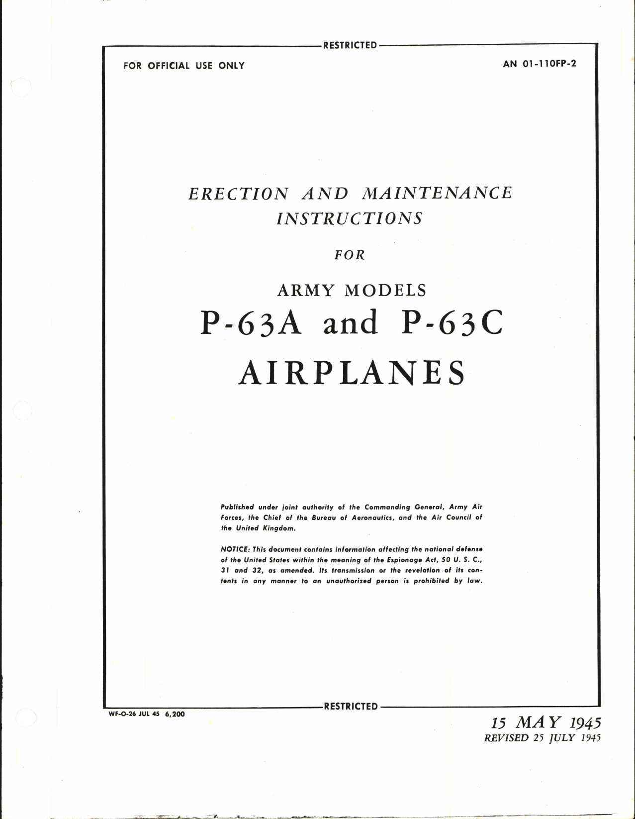 Sample page 1 from AirCorps Library document: Erection and Maintenance Instructions for Army Models P-63A and P-63C