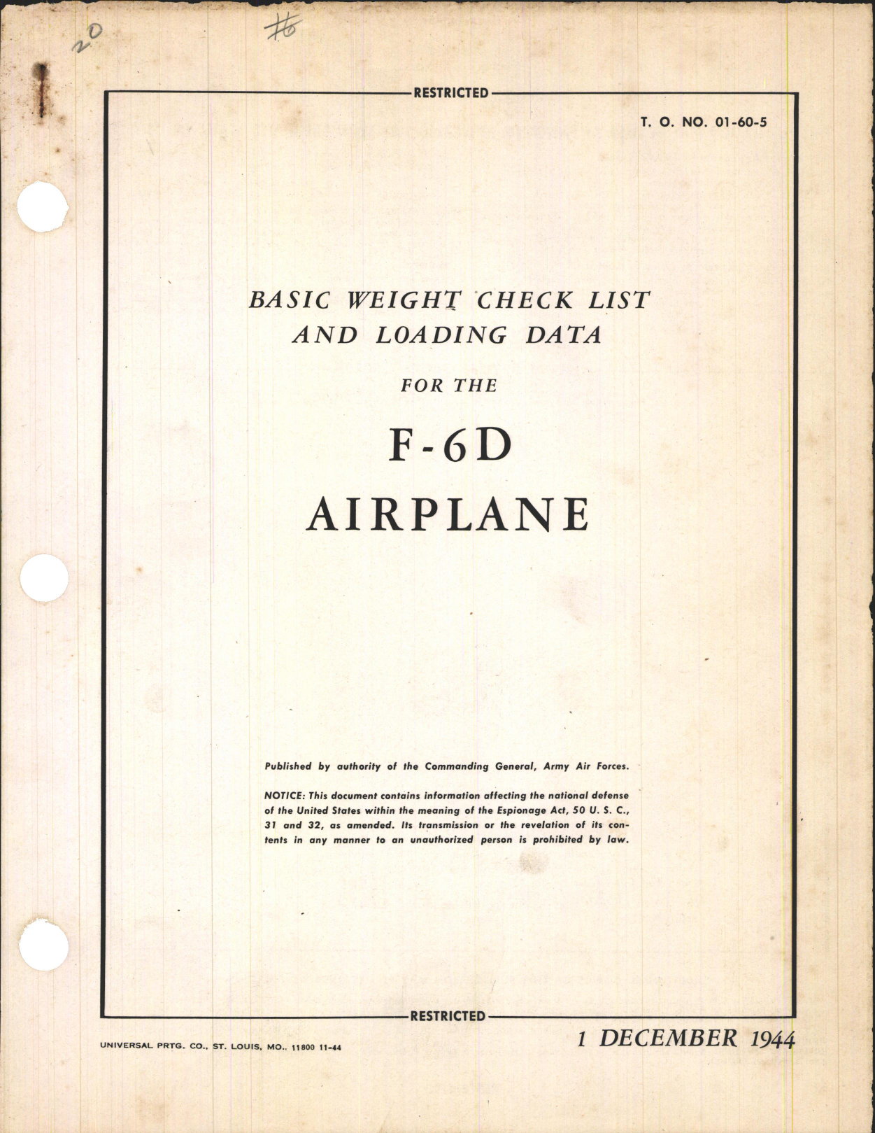 Sample page 1 from AirCorps Library document: Basic Weight Check List and Loading Data for the F-6D Airplane