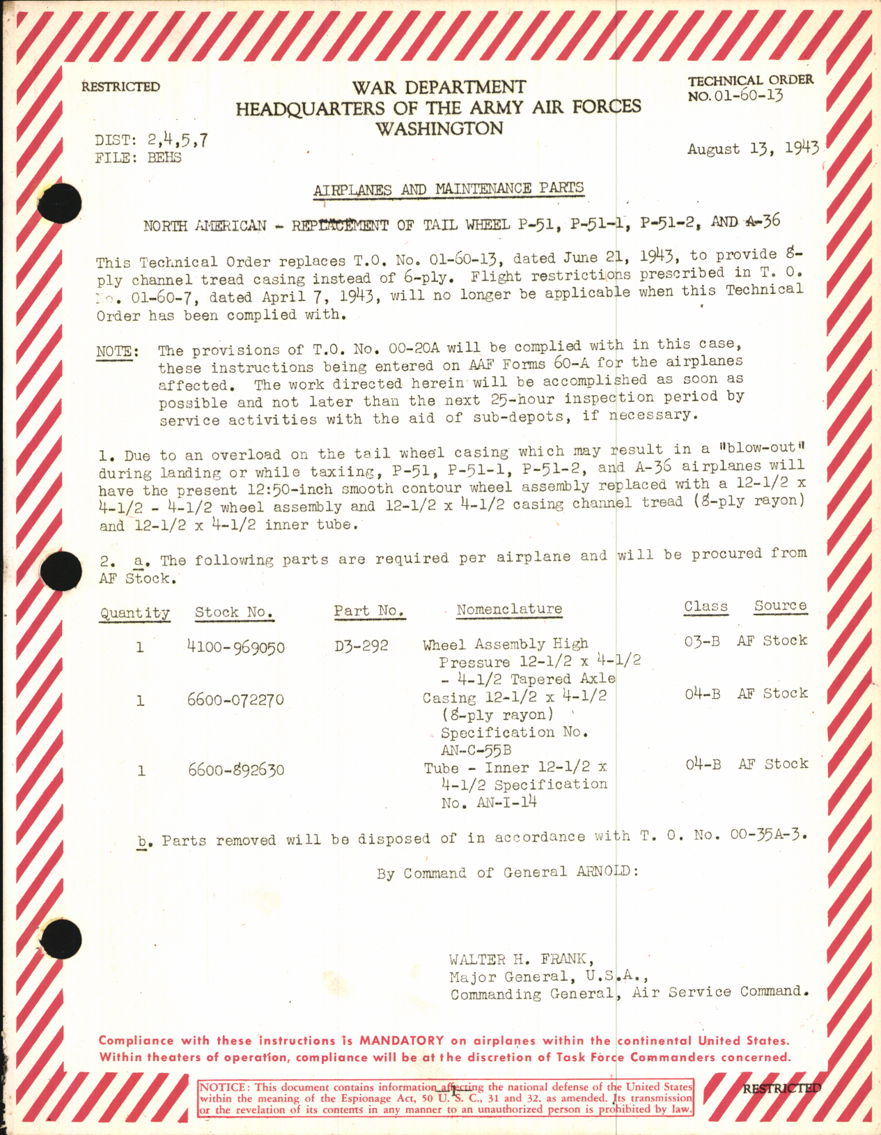 Sample page 1 from AirCorps Library document: Replacement of Tail Wheel for P-51, P-51-1, P-51-2, and A-36