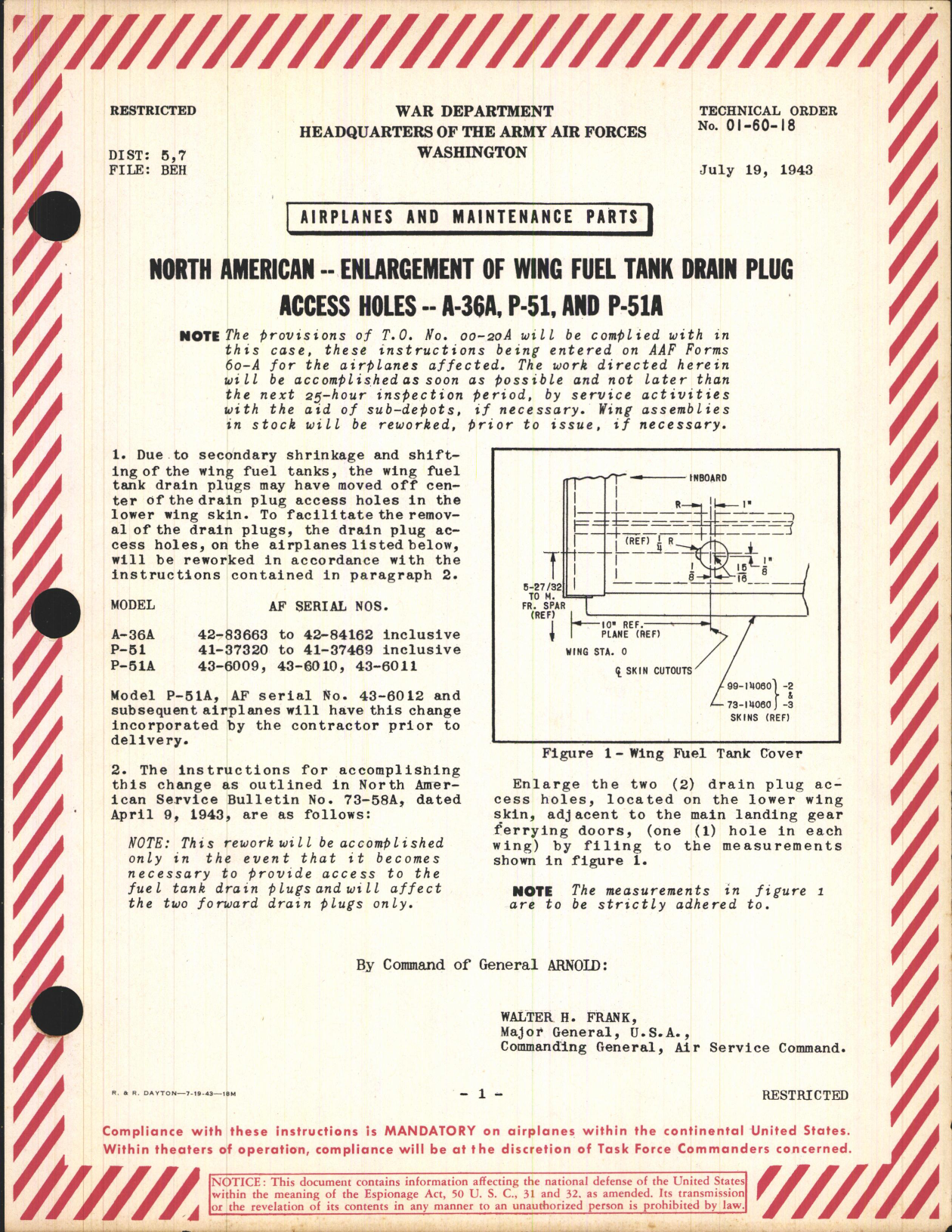 Sample page 1 from AirCorps Library document: Enlargement of Wing Fuel Tank Drain Plug Access Holes for A-36A, P-51, and P-51A